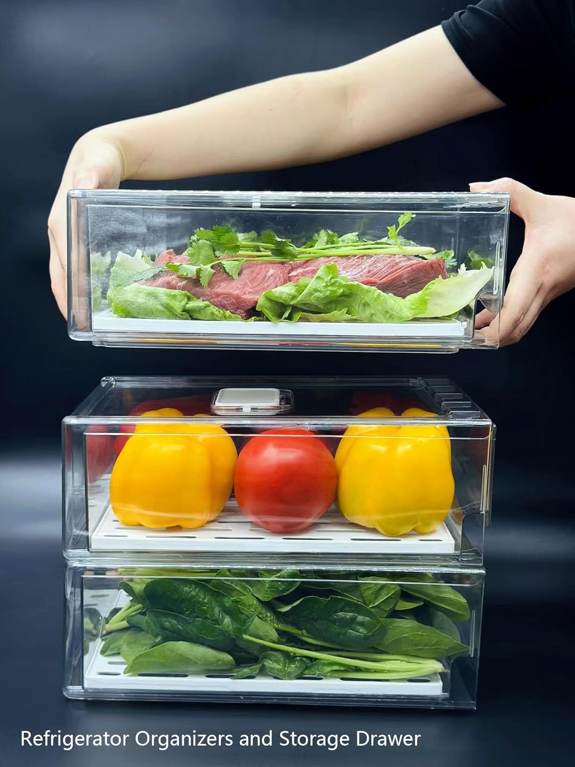 Refrigerator Organizers and Storage Drawer, Stackable Fruit Storage Containers for Fridge, Reusable Fridge Organizer fit for Kitchen Refrigerator and Restaurant Freezer (2 Drawers, Large)