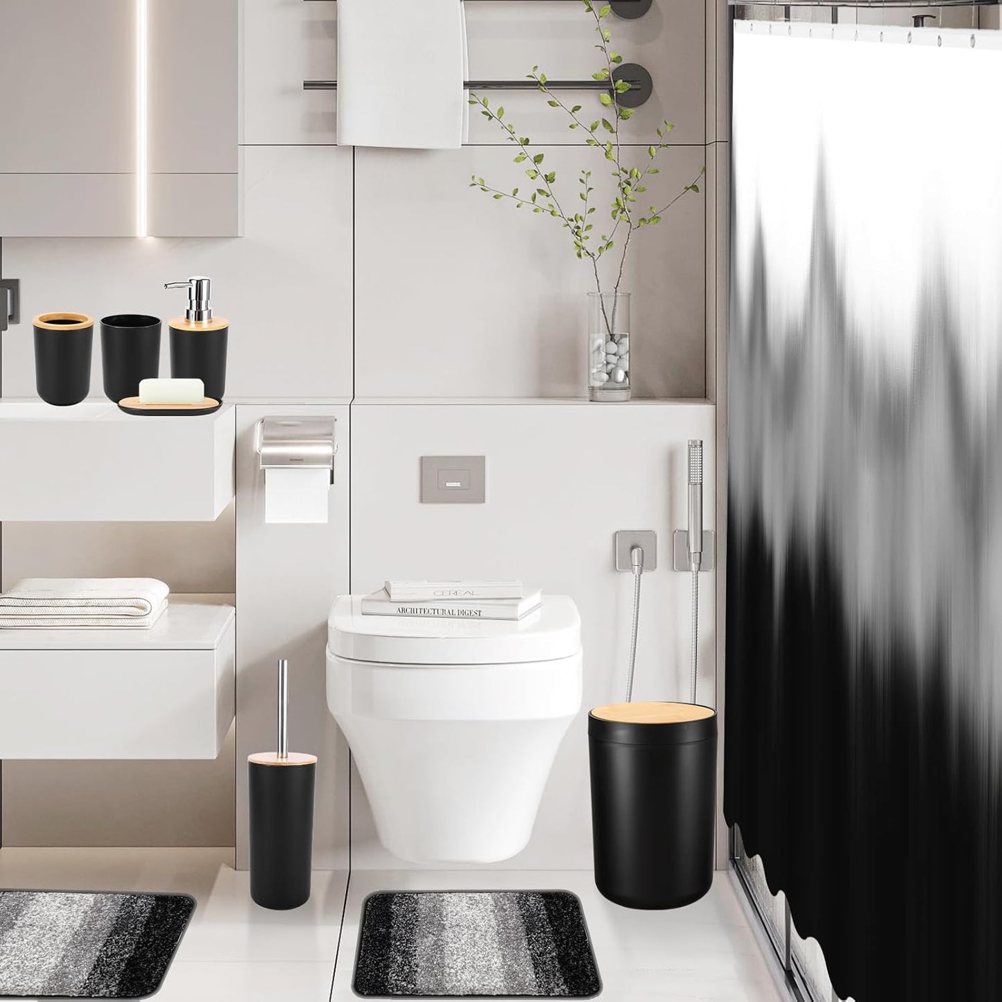 iMucci Bathroom Accessories Black Bathroom Sets with Shower Curtain and Rug, Black Ombre Waterproof Shower Curtain with Ultra Absorbent Rug Bathroom Accessories Set for Home Decor