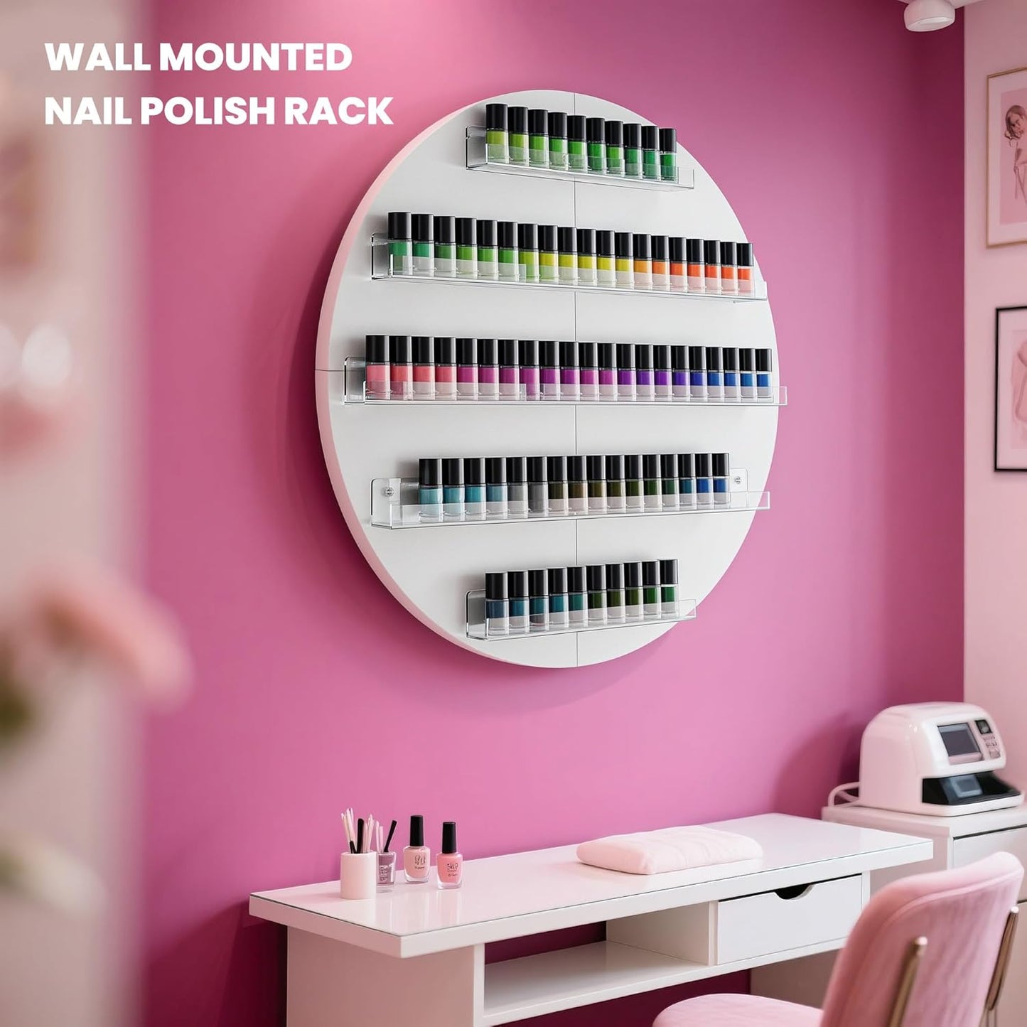 Wall Mount Nail Polish Organizer, 2 Packs Wood Nail Polish Rack w/Acrylic Barrier, 5-Tier Round Storage & Display Shelf, Perfume Essential Oil Bottles Holder, White