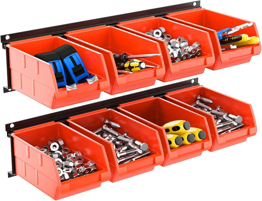 TORACK Wall-Mounted Storage Bins - 8 Plastic Bins & 2 Metal Tracks for Tools Organization in Garage, Craft Room, and Shop(Orange)