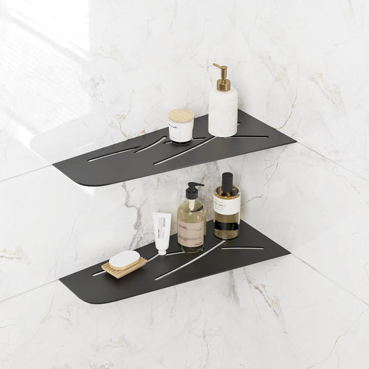 FerdY 2-Pack 12" Matte Black Recessed Corner Shower Shelf, for Tiled Bathroom Walls, 304 Stainless Steel Floating Shelf, Shower Caddy Storage Shelves, No Drilling Required, Trapezoidal