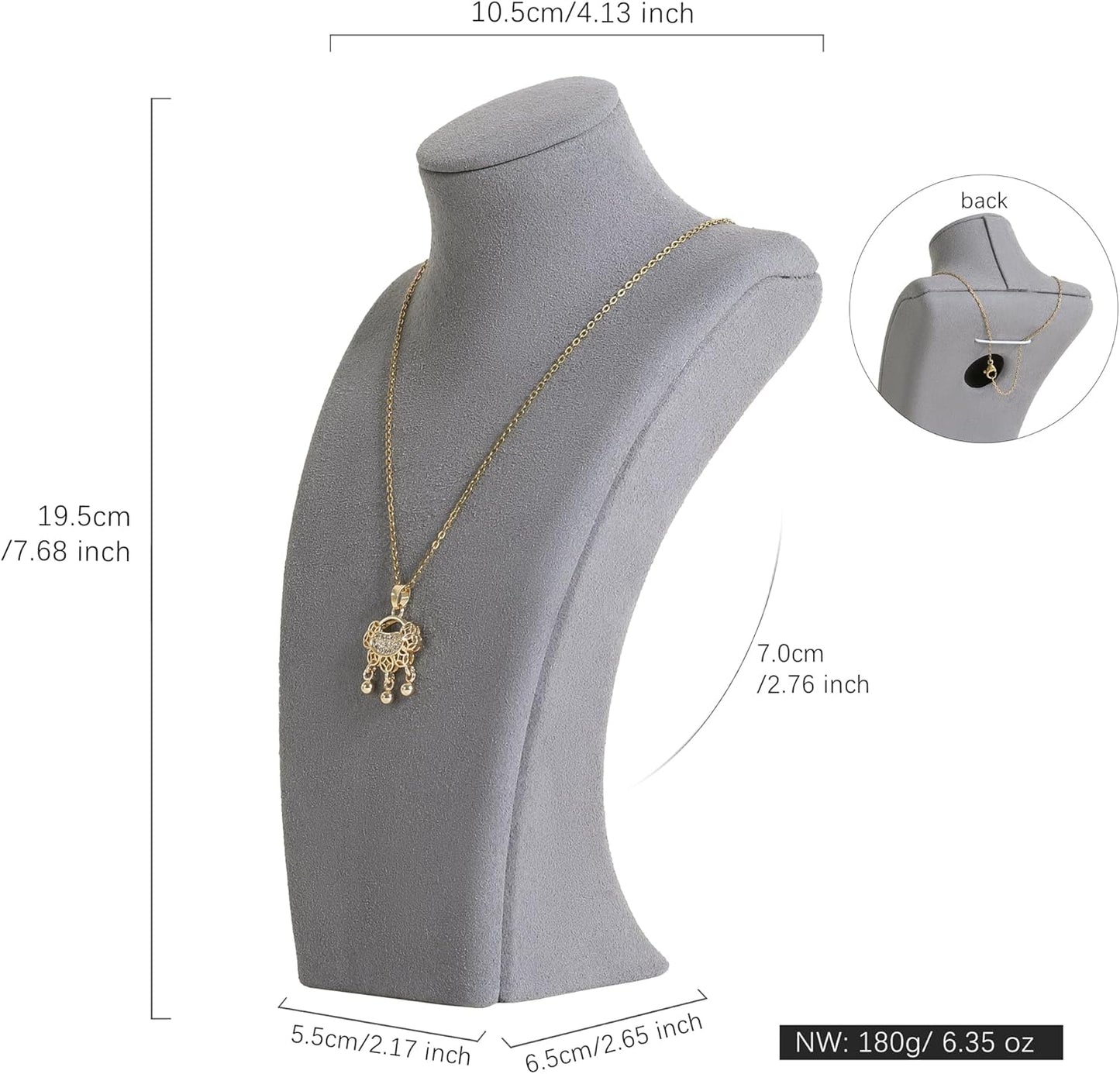 GemeShou Grey necklace storage organizer for sale, Velvet necklace holder stand, jewelry bust display stands, Jewelry Mannequin for Countertop, Showcase【Grey-Small height 7.68 inch】