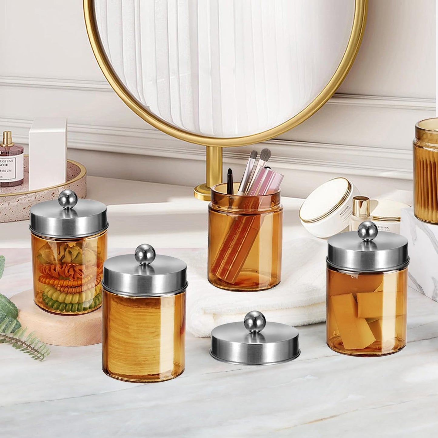 Amolliar Amber Yellow Glass Apothecary Jar with Metal Lid & Cute Labels, Qtip Holder Dispenser Canister for Cotton Balls, Cotton Swabs, Makeup Pads, Countertop Bathroom Storage,1 Pack(Brushed Nickel)