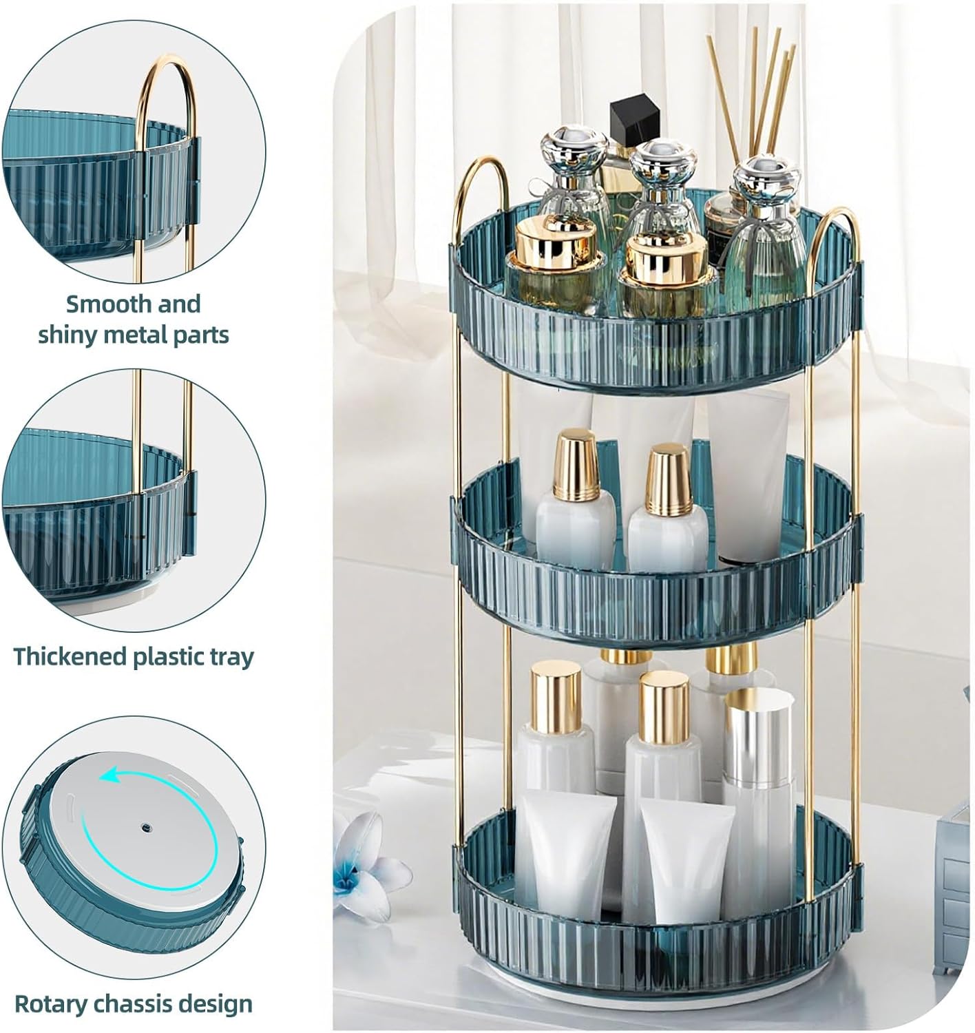 360° Rotating Makeup Organizer, Bathroom Organizers and Storage Holder Rack, Large Capacity Vanity Shelf Countertop, Fits Cosmetics, Perfume, Skin Care(Blue, 3 Tiers)