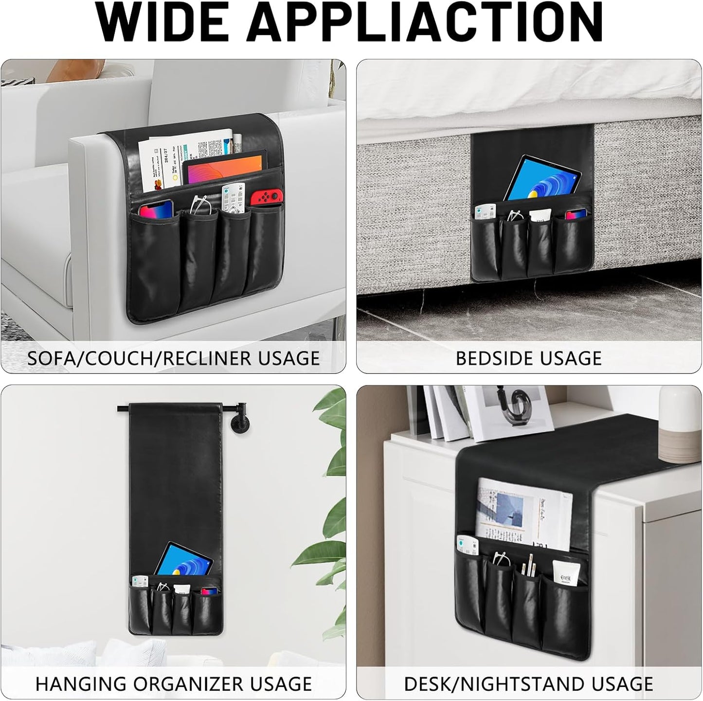Non-slip Couch Organizer Armchair Caddy, Artificial Leather TV Remote Control Holder Bedside Caddy with 5 Pockets for Key Glasses Phone Magazine Holders (Black faux leather, 35"x12.4")