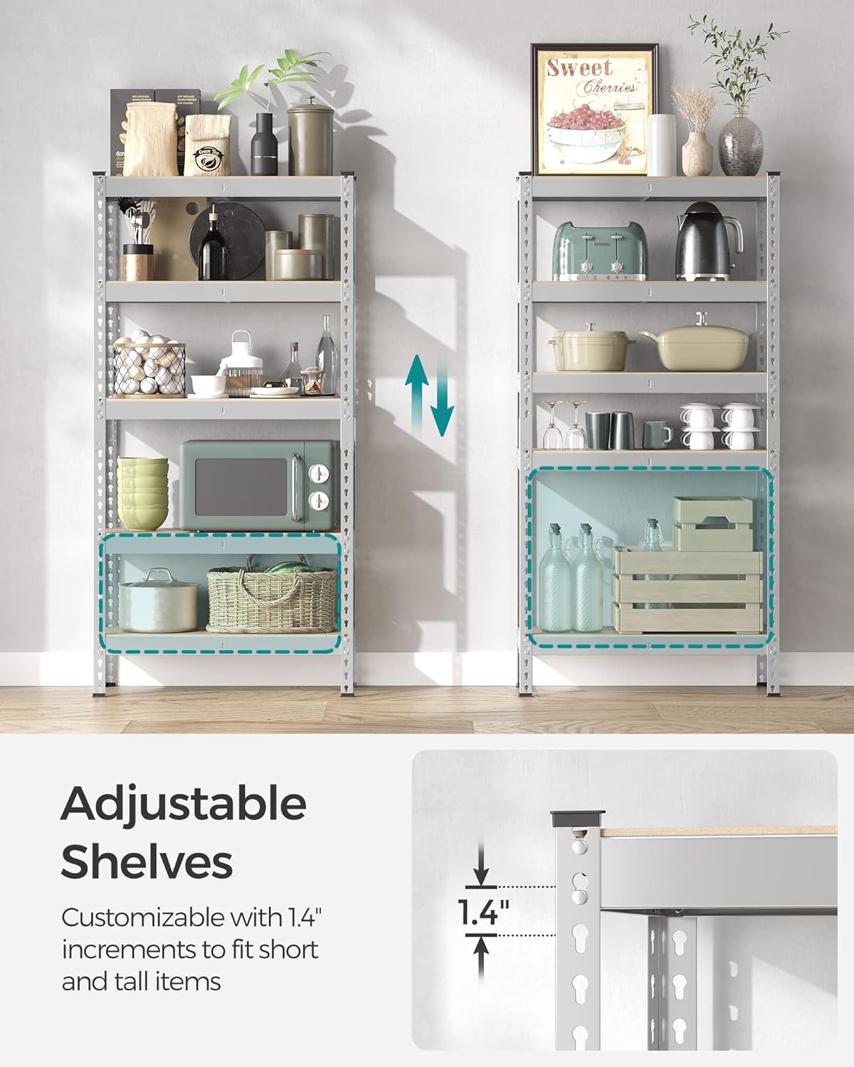 SONGMICS 5-Tier Storage Shelves, Load 2310 lb, Garage Storage, Boltless Assembly, Adjustable Shelving Unit, 17.7 x 35.4 x 70.9 Inches, for Study Shed Basement, Silver and Natural Beige UGLR450E01