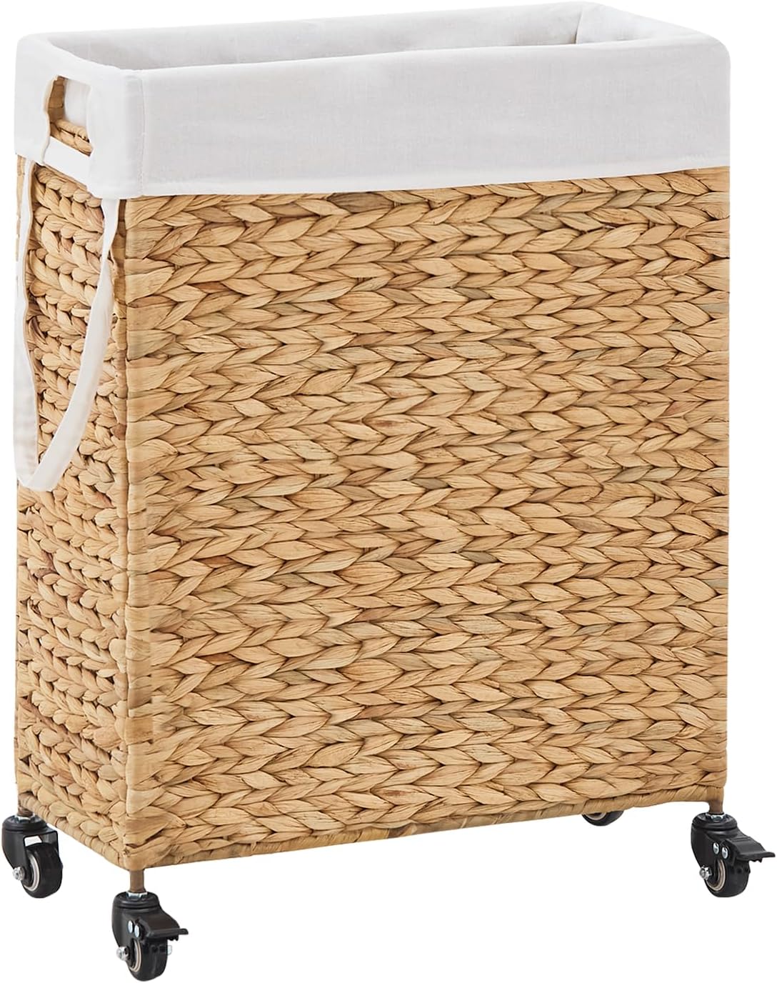 Rolling Laundry Hamper with Wheels, Slim Laundry Basket with Removable Liner Bag & 2 Mesh Bags, Handwoven Water Hyacinth Clothes Hamper for Bedroom Bathroom (Natural, 65L)