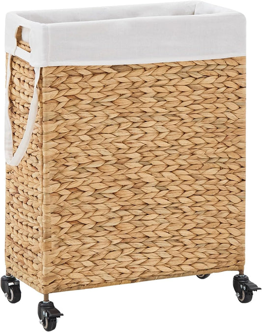 Rolling Laundry Hamper with Wheels, Slim Laundry Basket with Removable Liner Bag & 2 Mesh Bags, Handwoven Water Hyacinth Clothes Hamper for Bedroom Bathroom (Natural, 65L)