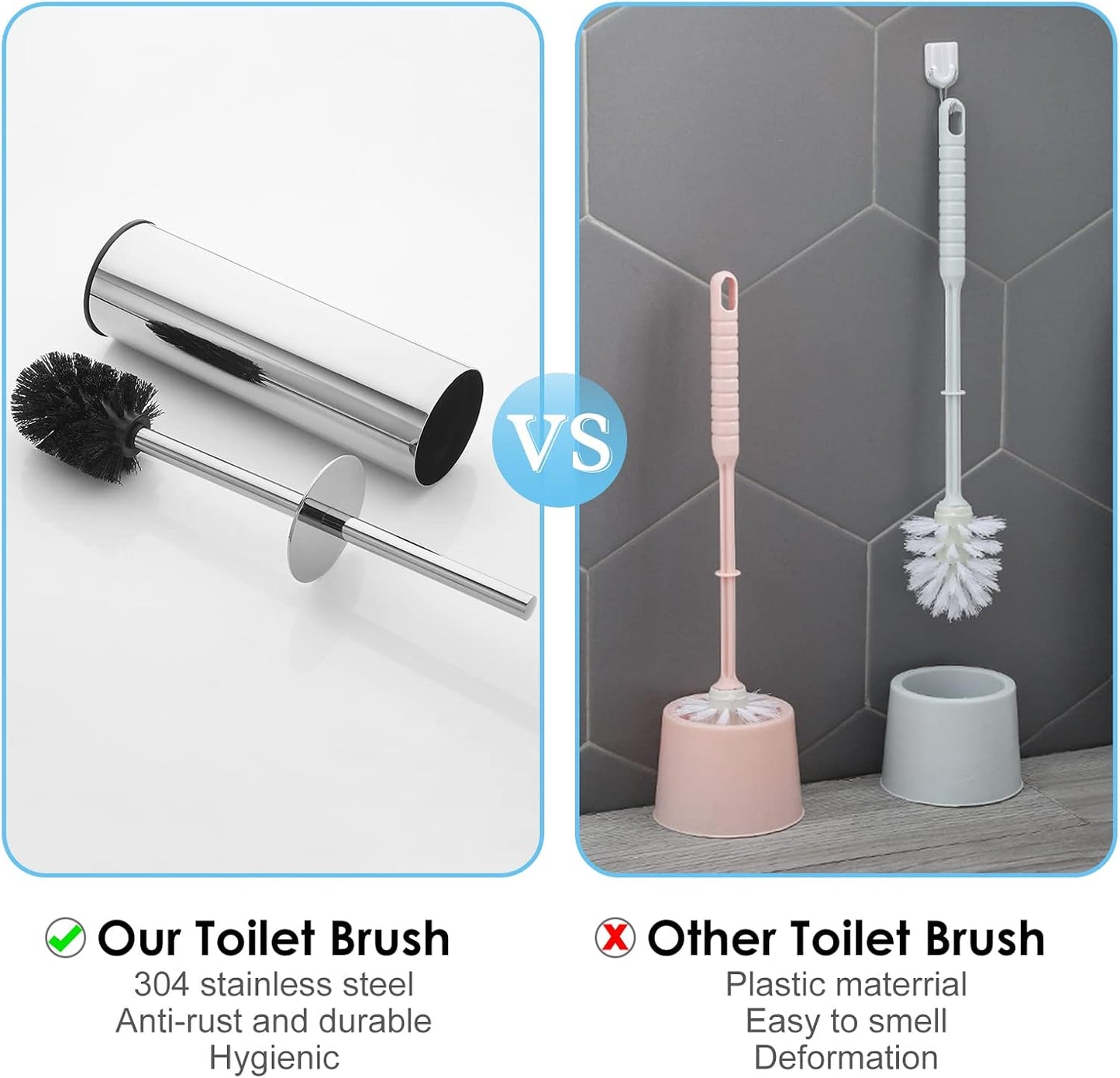 Toilet Brush and Holder Set Chrome Stainless Steel, 304 Heavy Duty Round Toilet Brush Set – Rust Resistant, Long Handle, Replacement Heads, Floor Standing Bathroom Toilet Cleaning Brush