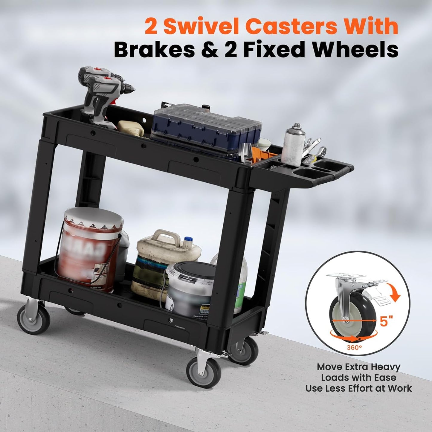 2 Tier Plastic Rolling Utility Cart on Wheels, Heavy Duty Tool Cart with Deep Shelves and 360° Swivel Wheels Holds up to 550 lbs, Service Cart for Warehouse,Garage, Cleaning (Black-M)