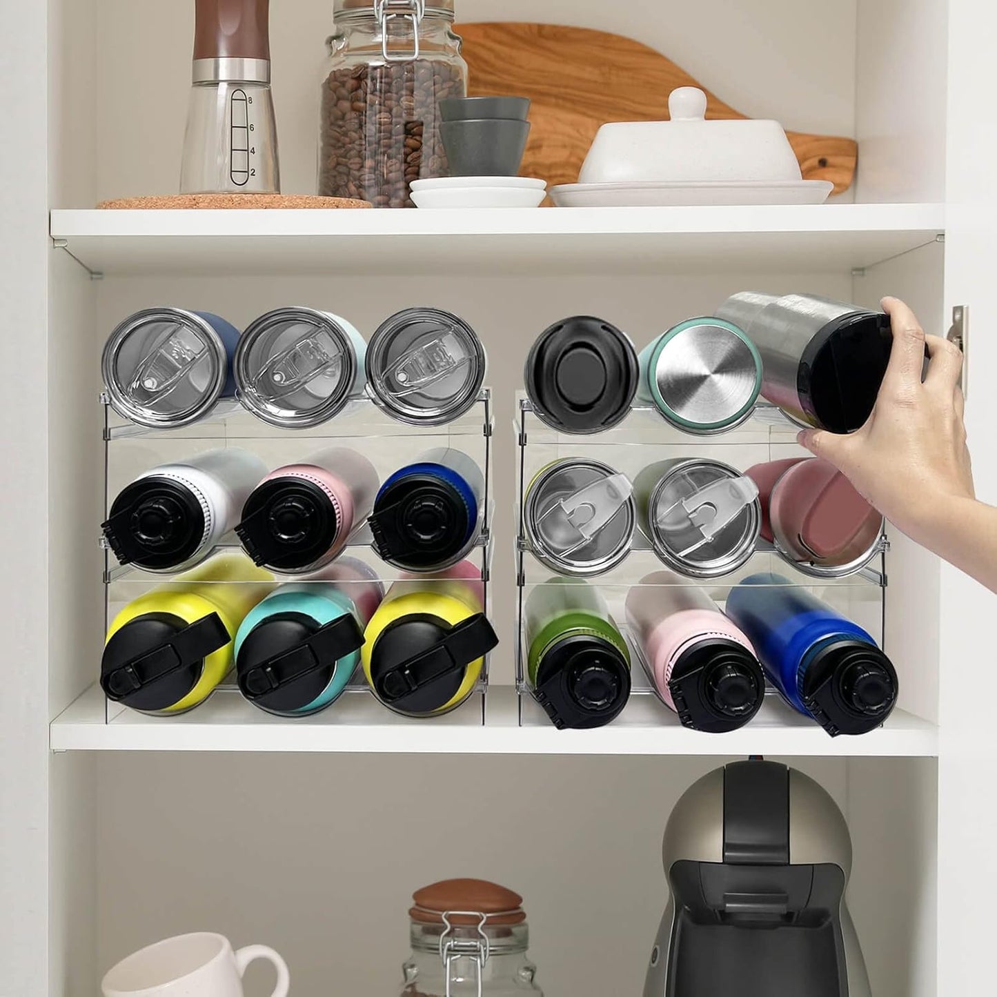 6 Pack Water Bottle Organizer, Stackable Kitchen Home Pantry Organization and Storage Shelf, Plastic Water Bottle Holder for Kitchen Cabinet Storage, Wine Tumbler Travel Mug Cup Organizer