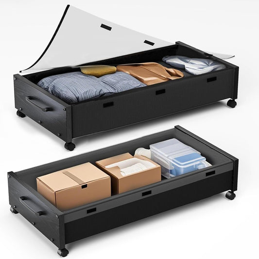 Under Bed Storage with Wheels, 2 Packs Wooden Storage Containers Extra Large Underbed Shoes Organizer, Rolling Under Bed Storage Drawers with Clear Lid, Heavy Duty for Clothes Toys 36"L (Black)