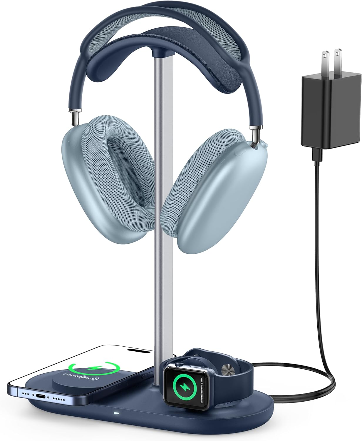 HiWe 3-in-1 Headphone Stand - Universal Desktop Gaming Headset Holder with Wireless Charger for Phones/AirPods/iWatch, Aluminum Alloy Rod, Leather Pad, ABS Solid Base, Blue