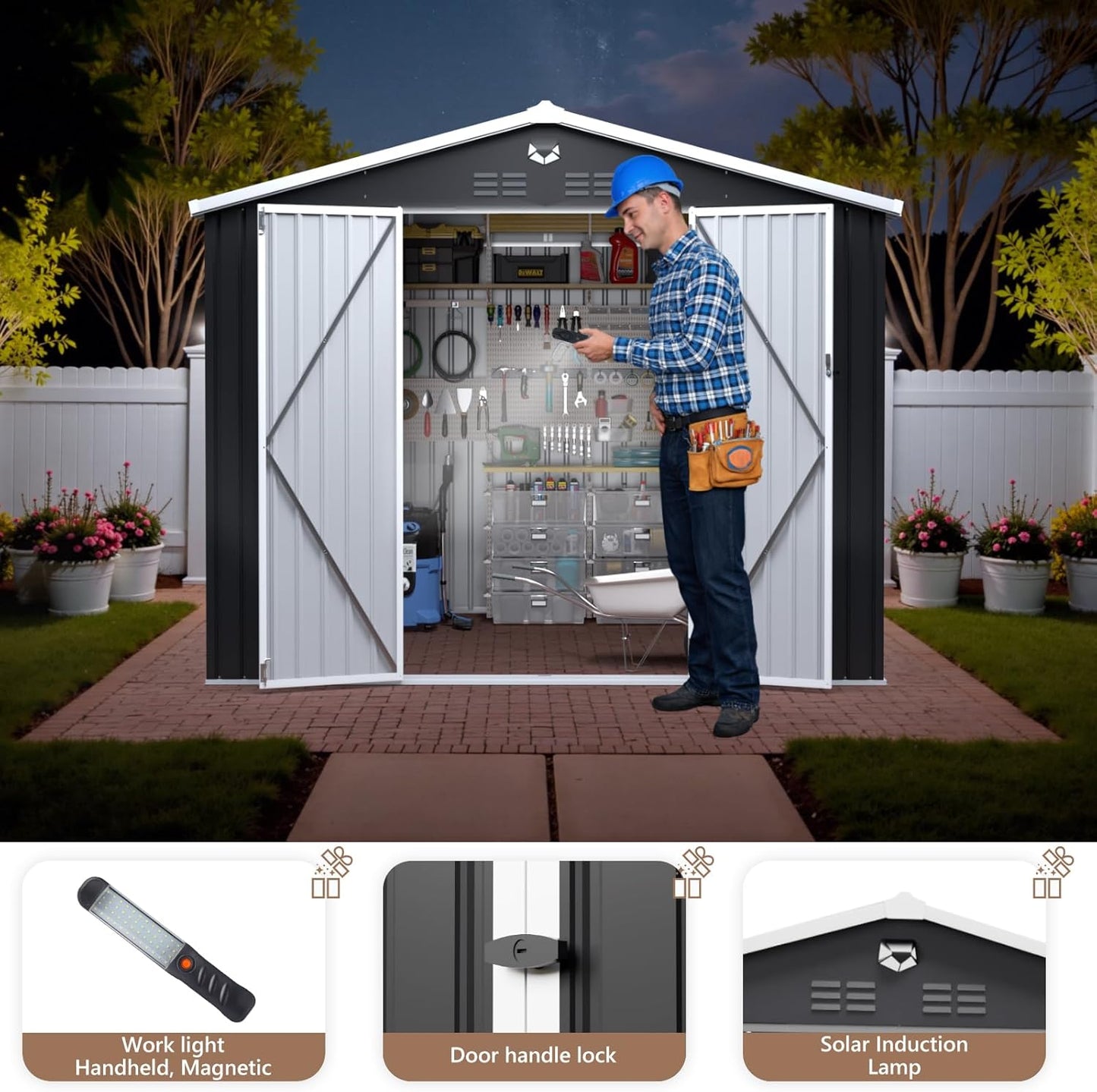 10x8 FT Outdoor Storage Shed, Metal Garden Shed - Tool Storage Sheds with Lockable Doors, Waterproof Outside Storage Building for Backyard, Patio (Black; Floor Not Included)