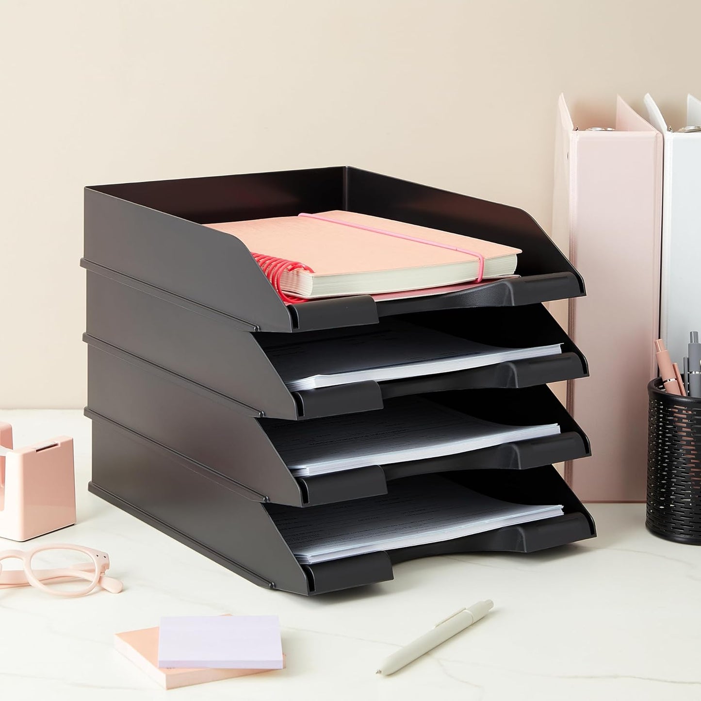 Stockroom Plus Letter Tray - Stackable Desk Organizer Trays - Desktop File Organizer - Mail & Document Storage - Pack of 4, Black, 10 x 13.5 x 2.5 in