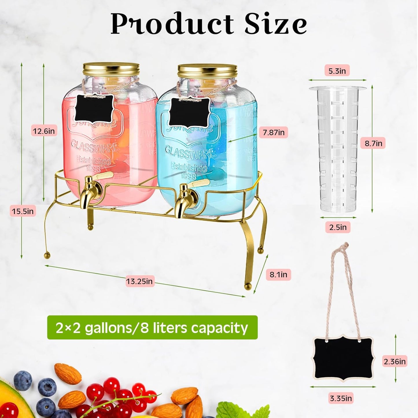Lallisa 2 Pcs 2 Gallon Glass Drink Dispenser with Stand Ice Cylinder Hanging Chalkboard Signs 18/8 Stainless Steel Spigot Beverage Dispensers for Parties Mason Jar Drink Lemonade (Gold)