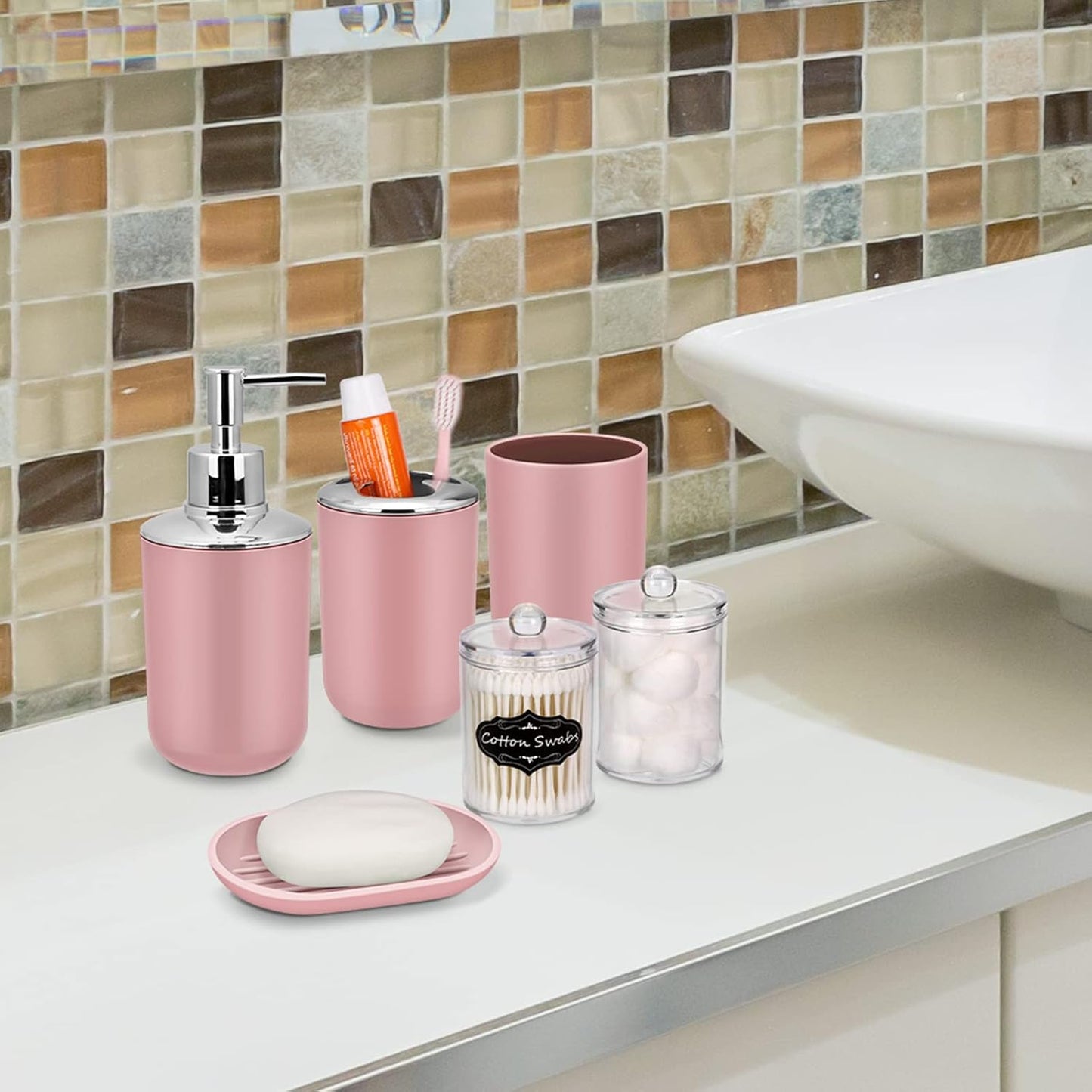 7 Piece Pink Bathroom Set,Soap Dispenser,Toilet Brush,Trash Can & Décor Tray,Complete Accessories for Bathroom Organization & Housewarming Gifts