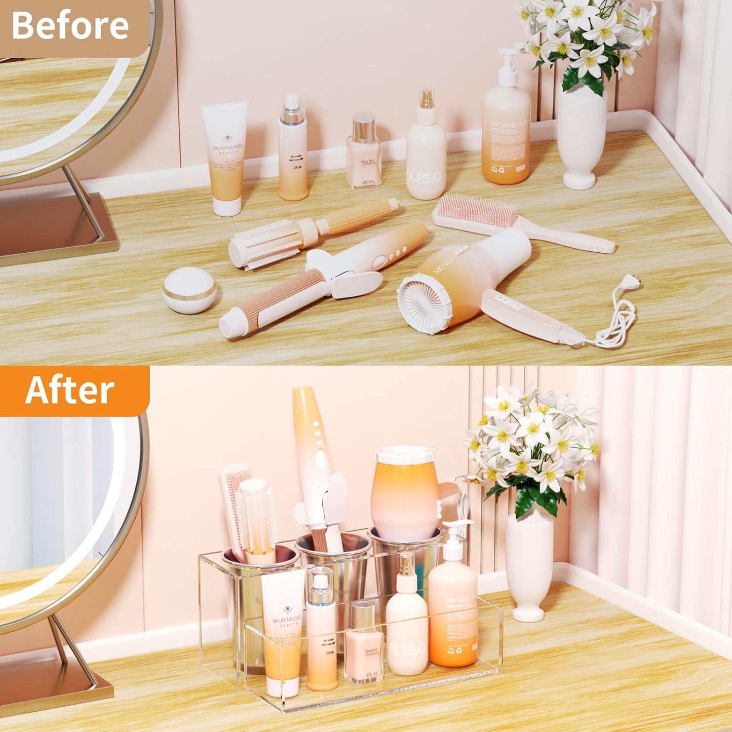NIUBEE Hair Tool Organizer, Acrylic Hair Dryer and Styling Holder, Bathroom Countertop Blow Dryer Organizer, Vanity Storage Stand for Accessories, Makeup, Toiletries (Clear)