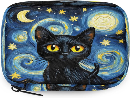Black Cat Starry Night Pill Organizer Travel Medicine Case with Zipper Daily Vitamin Storage Bag Portable 8 Slot Weekly Pill Box Supplement Holder for Home Office Gym Travel