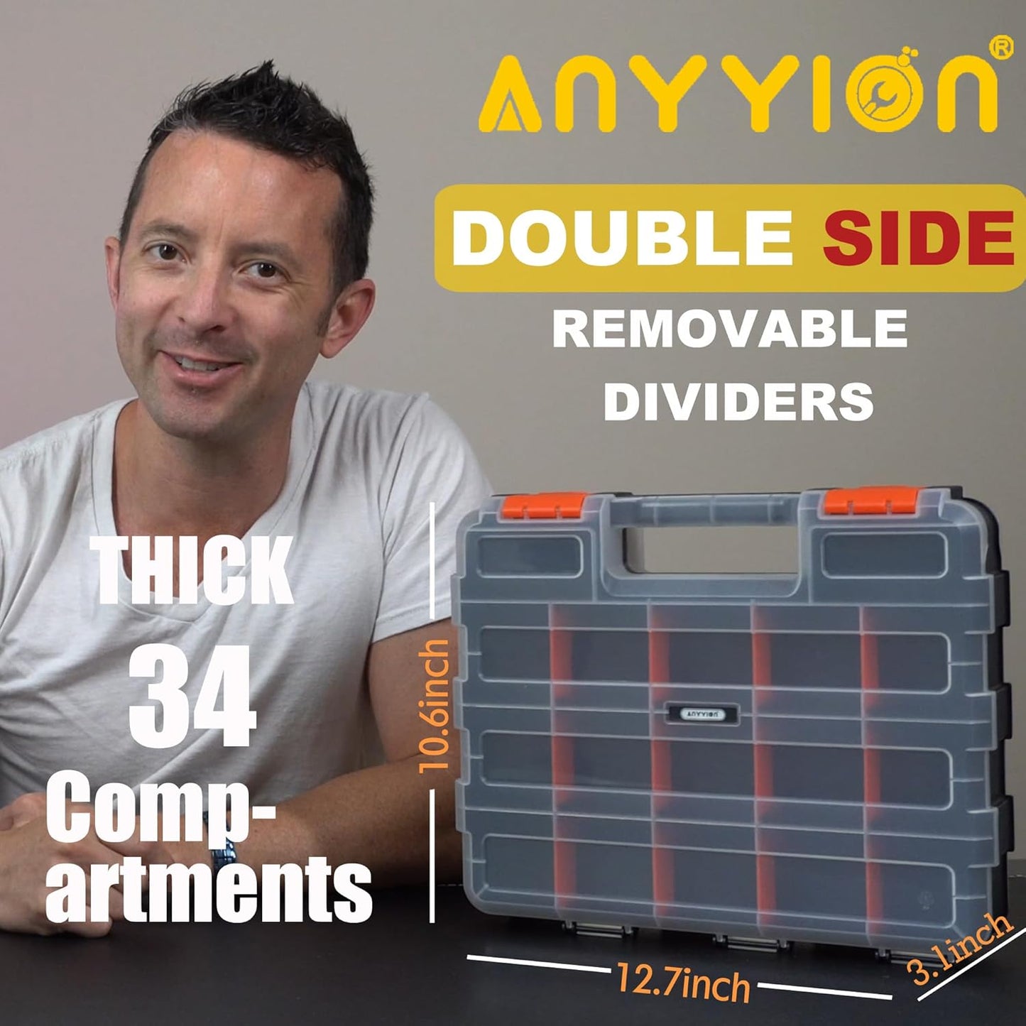 Anyyion Small Parts Organizer, 34-Compartments Double Side parts organizer with Removable Dividers for Hardware, Screws, Bolts, Nails, Beads, Jewelry.