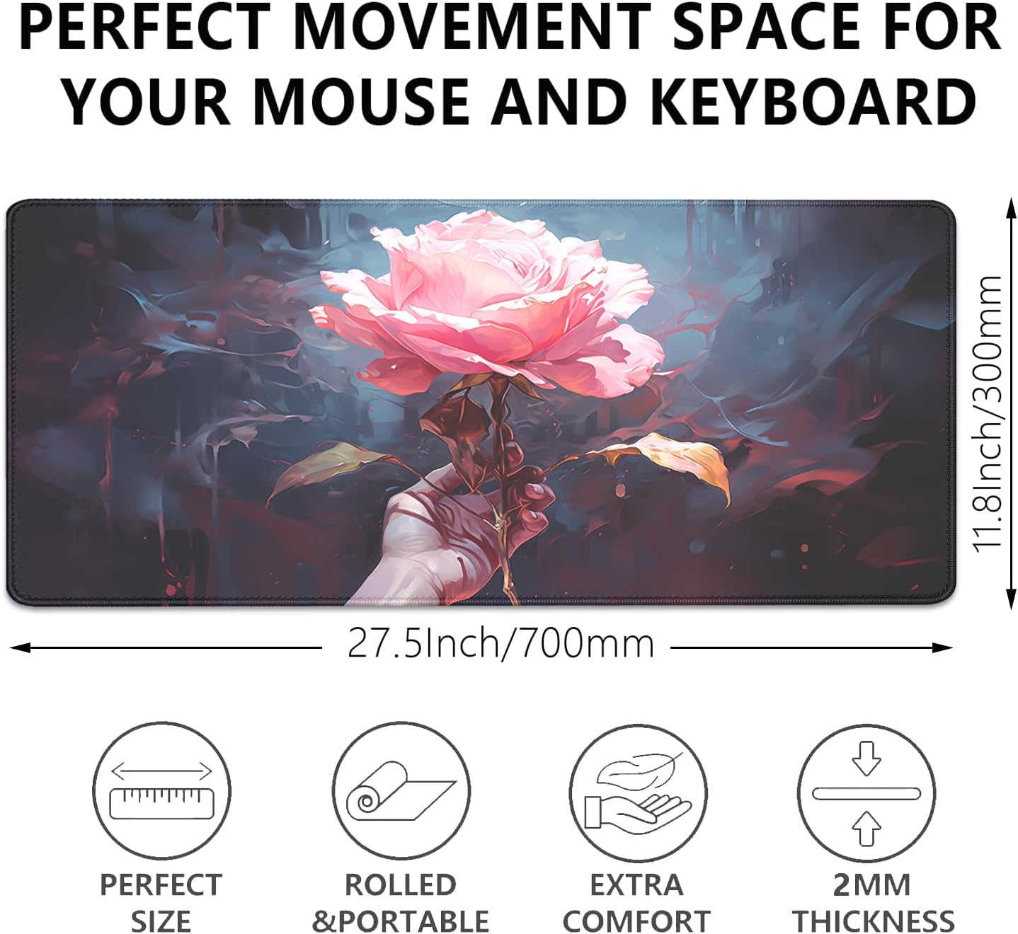 Artistic Flowers Mouse Pad,XL Floral Mousepad Desk Pad with Stitched Edges,Non-Slip Waterproof Rubber Base Mouse Mat Desk Mat for Office Computer Keyboard Laptop Home(27.5x11.8 in)