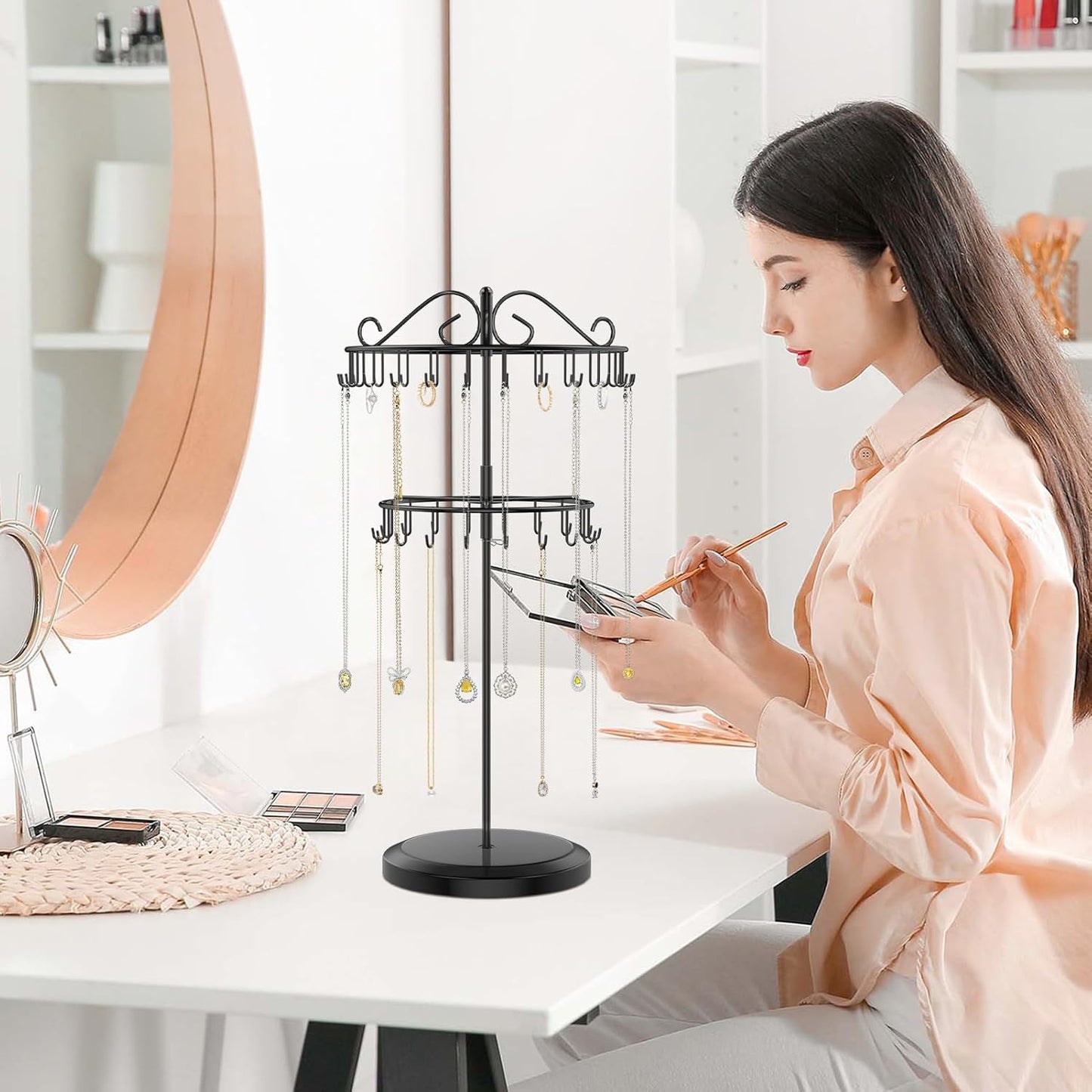 iDavosic.ly 2 Tier Rotating Necklace Holder Organizer with 42 Hooks, Adjustable Metal Bracelet Display Stand Rack, Extra Tall Keychain Spinning Tree Tower for Women, Black