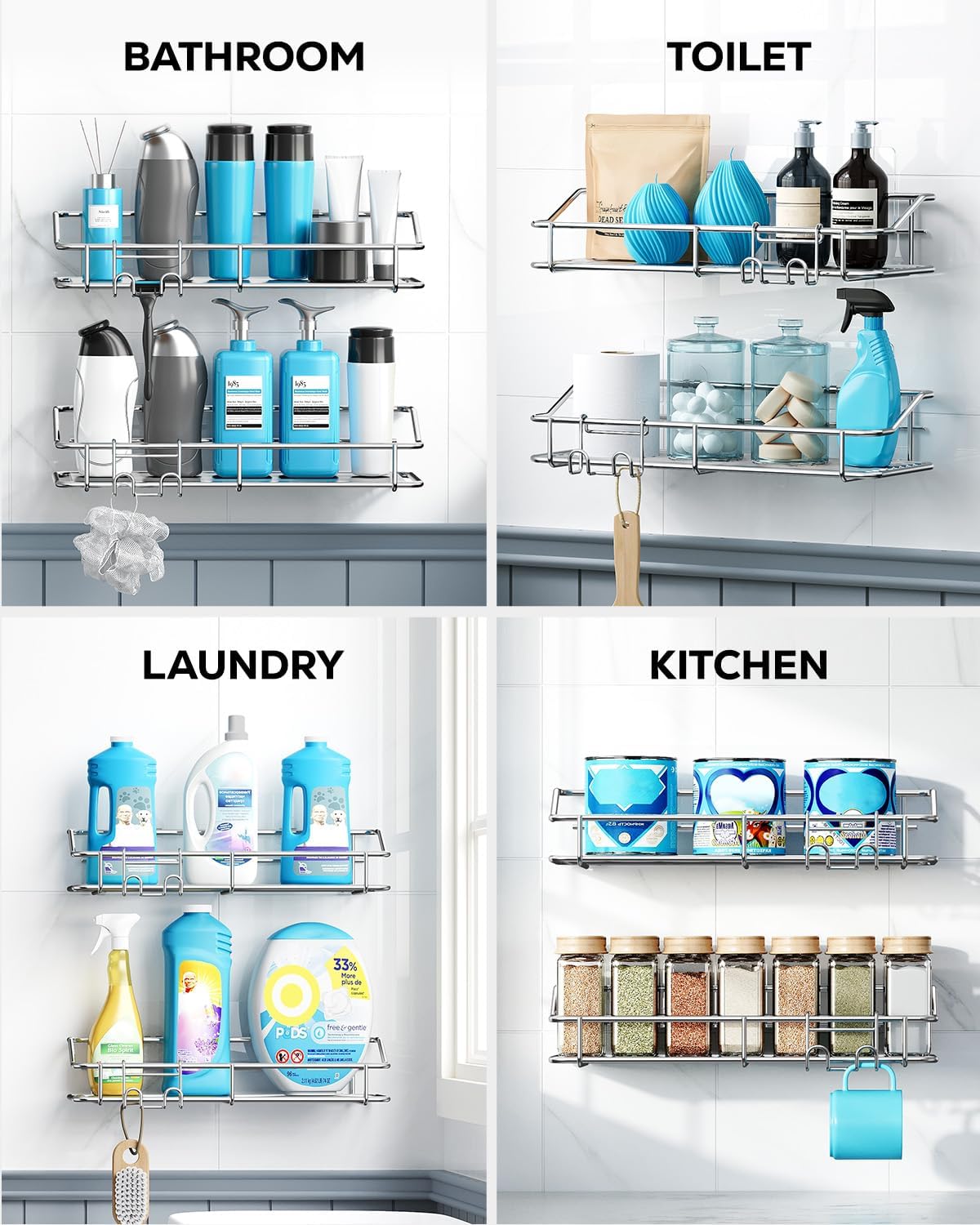Nieifi Shower Caddy Shelf with Hooks Storage Rack Organizer Adhesive Stainless Steel without Drilling for Bathroom, Lavatory, Washroom, Restroom, Shower, Toilet, Kitchen (Sliver, 5 Pack)