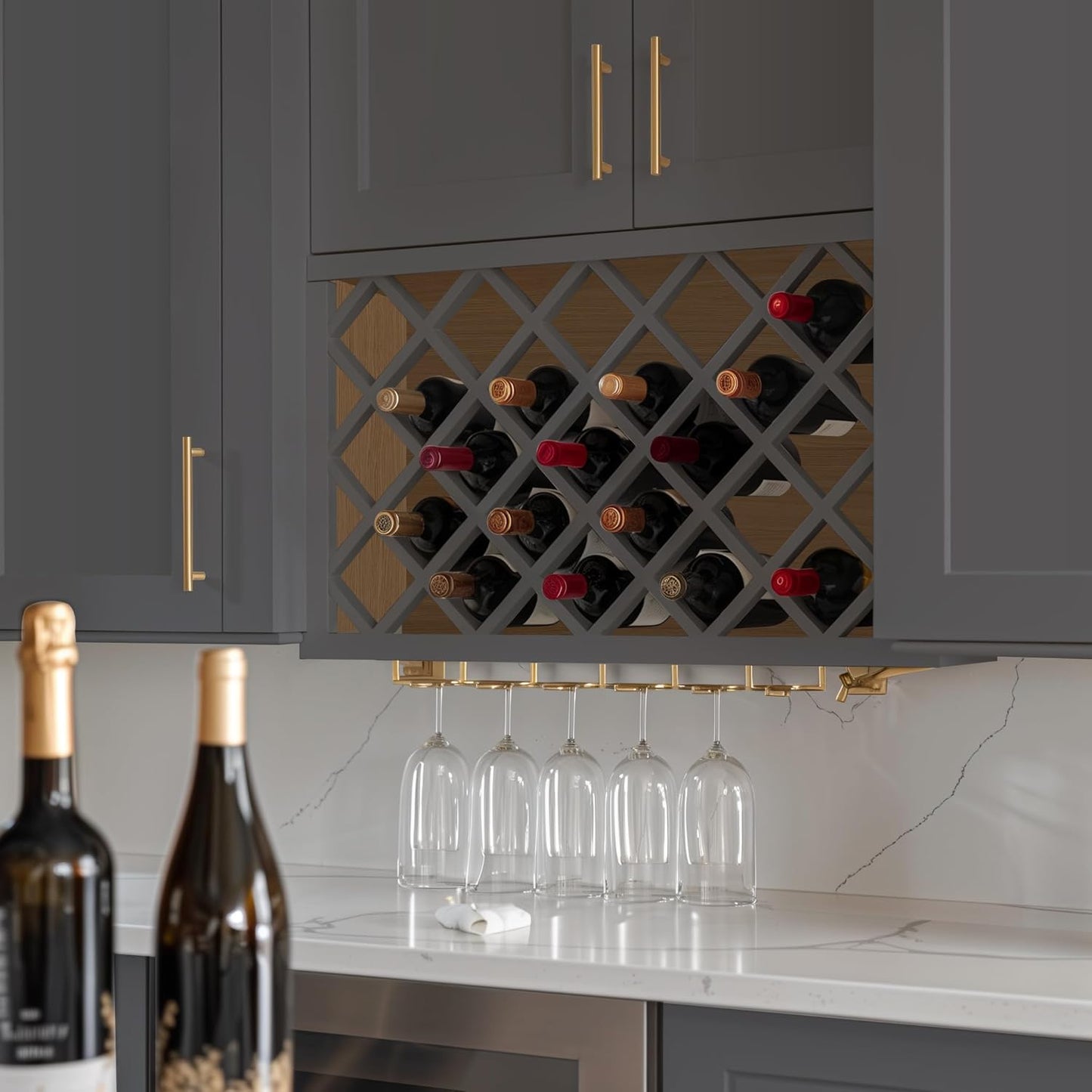 Solid Wood RTA Wine Bottle Rack Wall Cabinet with Lattice Panels Wine Holder Wine Storage Cabinet for Bar, Pantry, Wine Cellar Basement Countertop Mocha (Pebble Gray, 30”W × 12”D × 18”H)