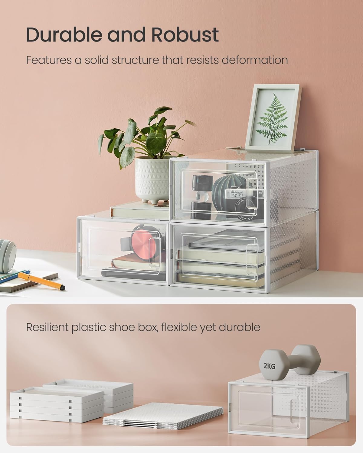 SONGMICS Shoe Boxes, Pack of 15 Shoe Storage Organizers, Stackable Clear Plastic Boxes for Closet, Sneakers, 13.1 x 9.1 x 5.6 Inches, Transparent and White ULSP015W02