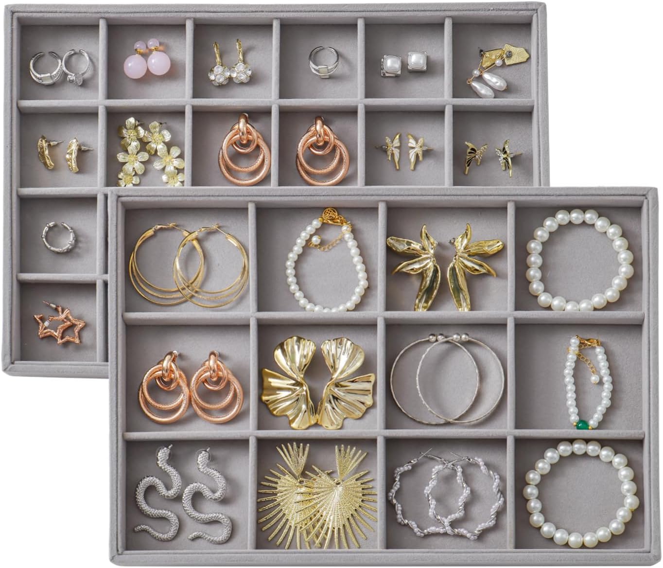 Large Velvet Jewelry Tray 2 Pack Stackable Jewelry Display Drawer Inserts Trays Organizer for Earring Bracelet Necklace Ring (Gray, 12 Grids+24 Grids)
