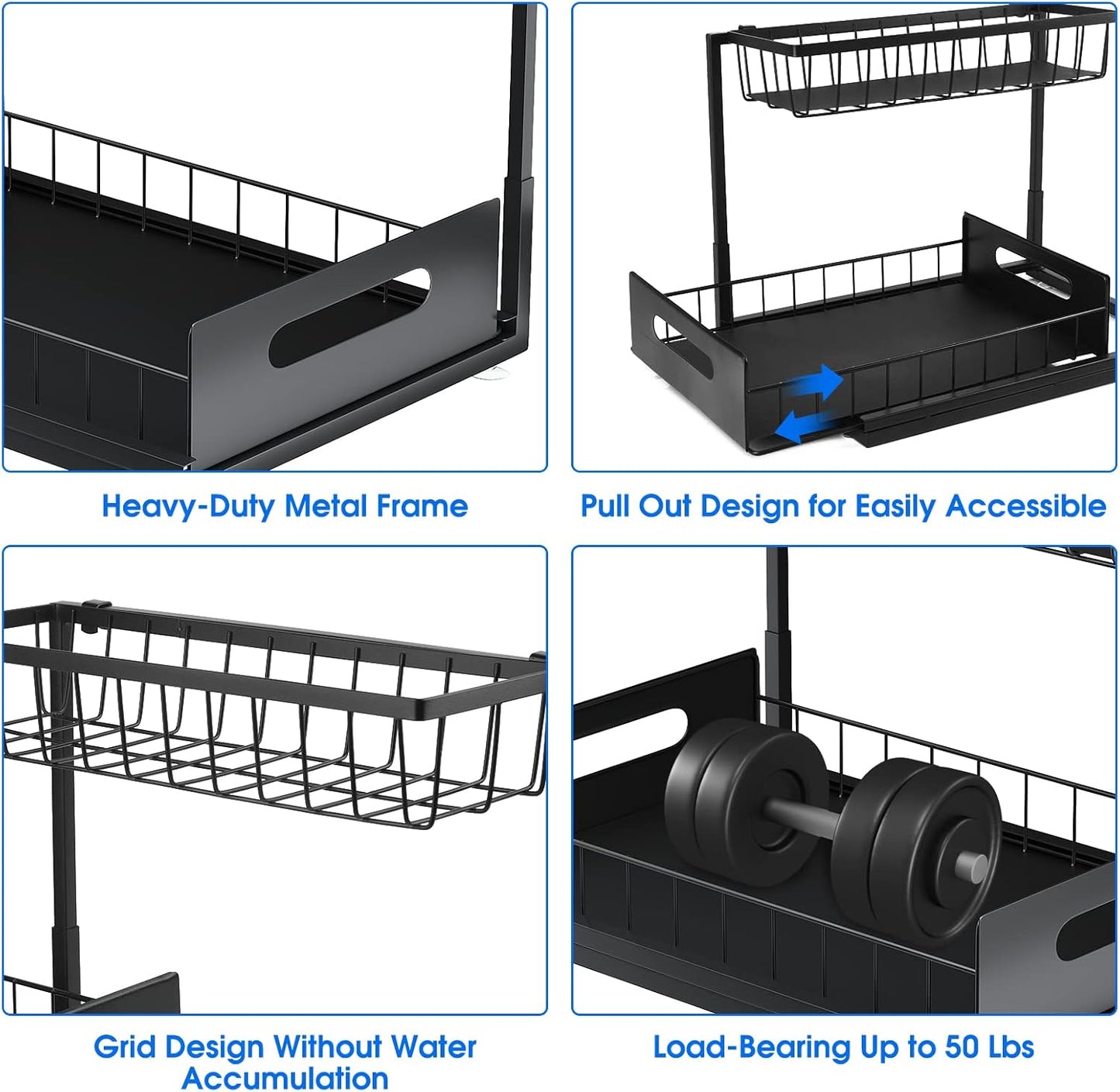 2 Pack Under Sink Organizer, 2 Tier Under Sink Organizers and Storage Multi-Purpose Under Sink Storage for Bathroom Kitchen (Black)