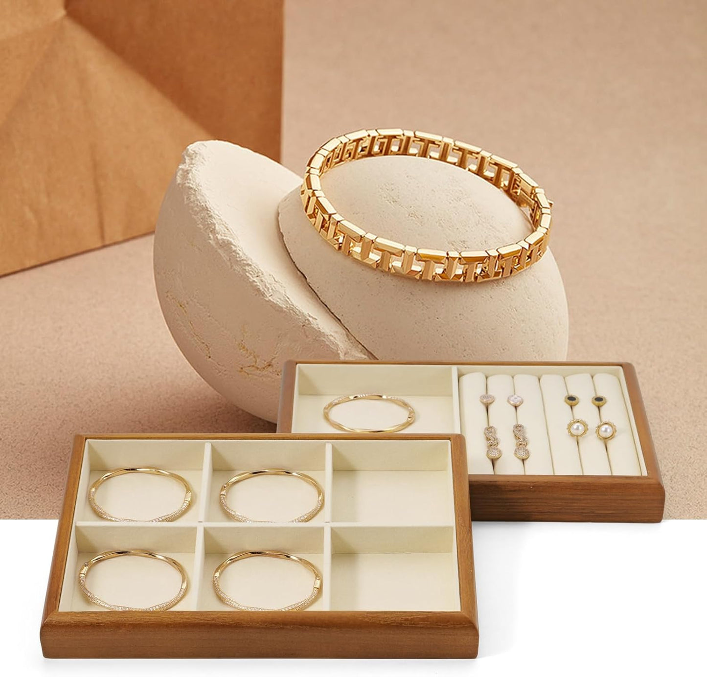 Oirlv Solid Wood Multifunctional Ring Earrings Studs Bangle Jewelry Organizer Tray Jewelry Drawer Organizer(Creamy-white)