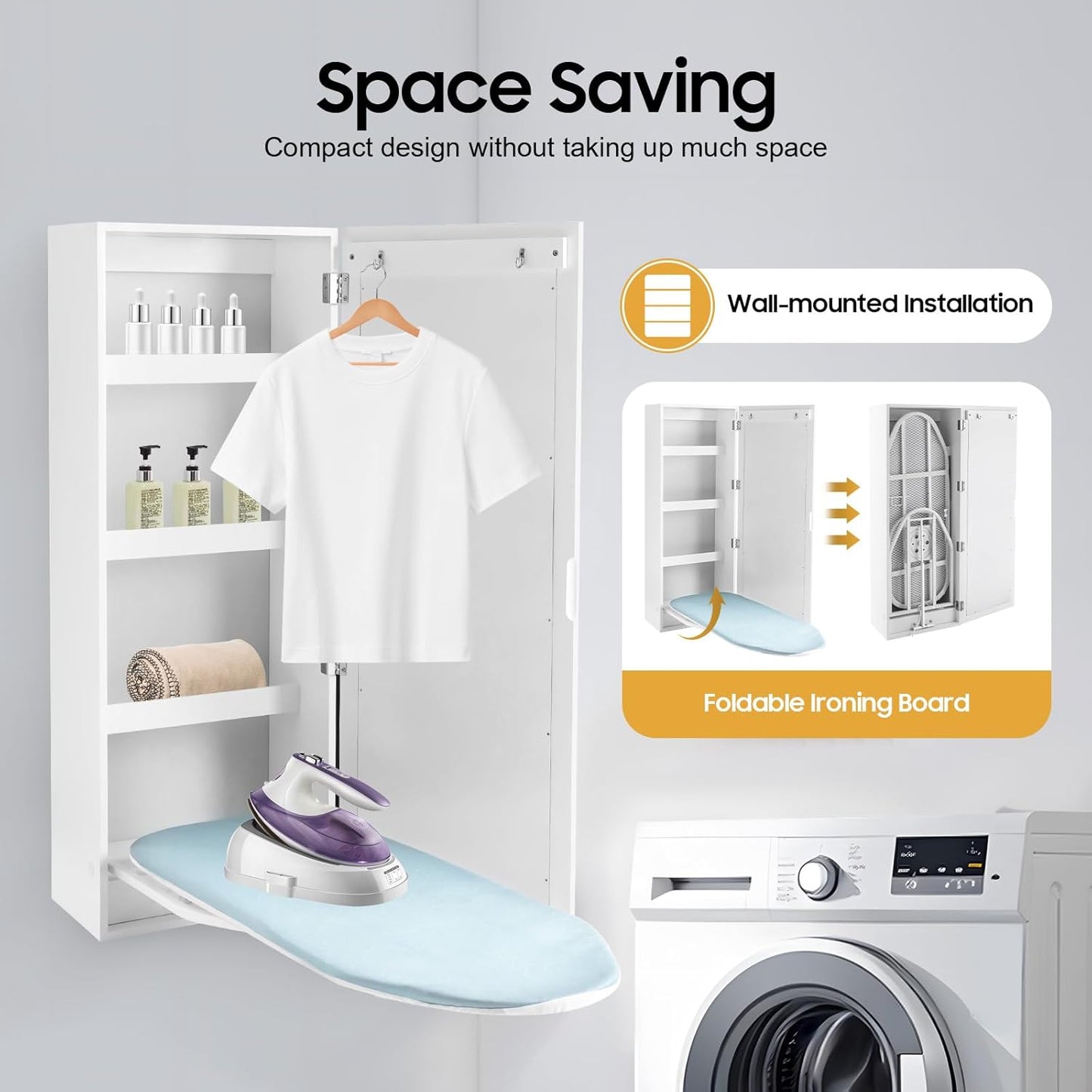 Wall Mounted Ironing Board with Storage Cabinet,Foldable Ironing Storage Station,Built in Foldable Ironing Board Closet with Storage