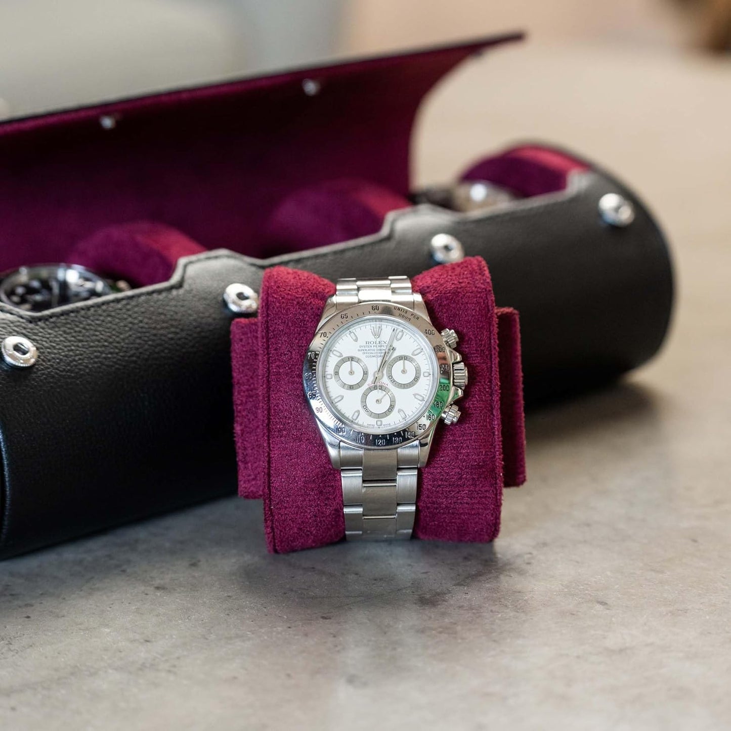 DailyWatch | Watch Roll Travel Case For 3 Watch | Luxury Watch Case In Genuine Black Leather With Soft Velvet Interior | Watch Case Protect, Store, & Display Your Watches | Black Cherry