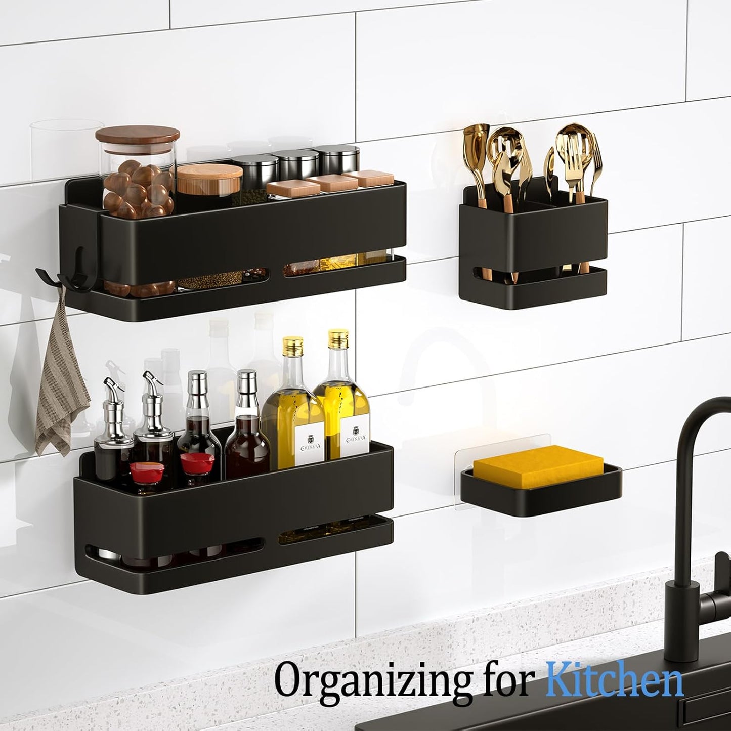 Bathroom Storage Rack (5-Piece Set), Wall-Mounted Shelf with soap Dish and Toothbrush Holder, no Drilling Required, Ideal for Bathroom Storage and Also Suitable for Kitchen (Black)