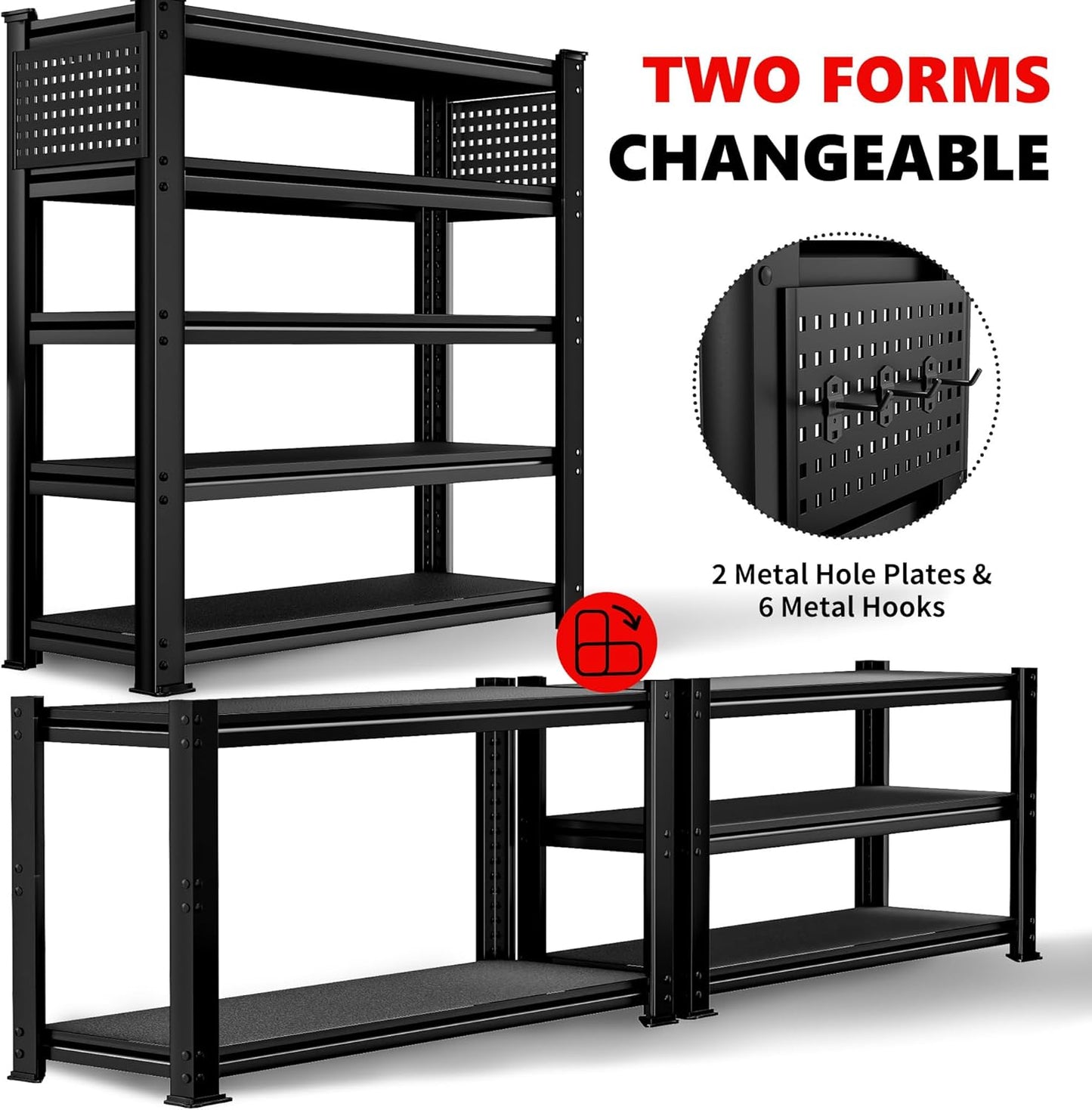 SILVEL 48.2" W Garage Shelving, 5000LBS Heavy Duty Metal Shelving, 2025 Solid Storage Shelves with 2 Side Pegboards, Industrial 5 Tier Shelves for Basement Pantry Warehouse Supermarket, 4 Pack
