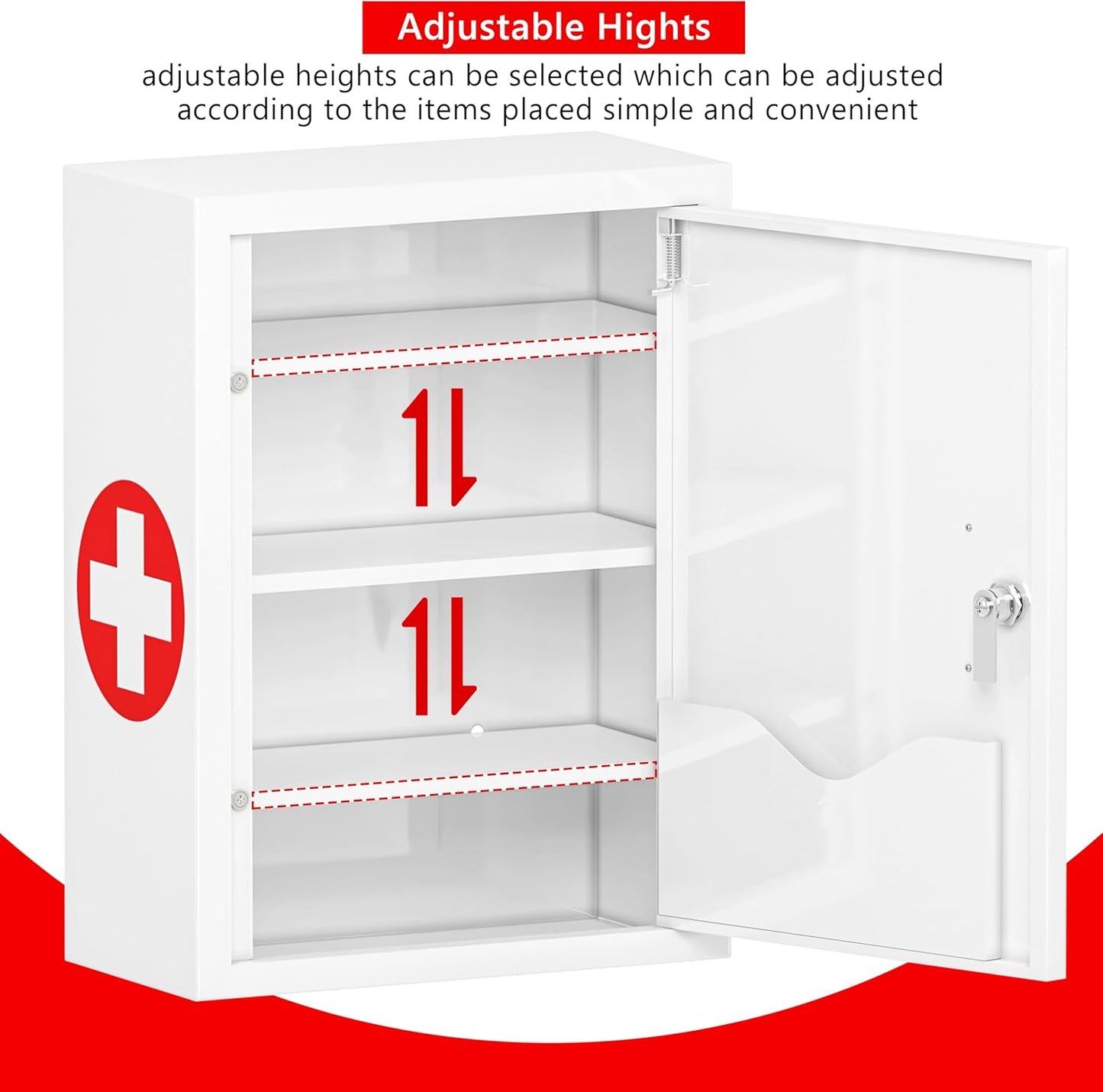 Locking Medicine Cabinet for Bathroom: Wall Mount Medical Box for Medication Storage - Large Capacity First Aid Wall Cabinet for Home, School, Office (White)