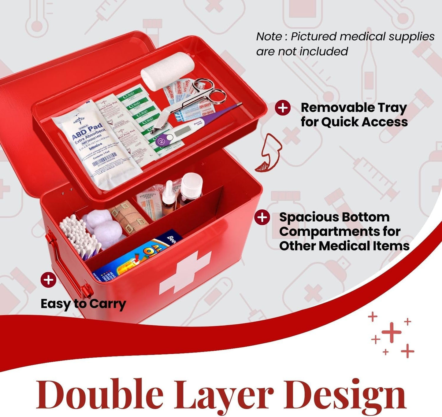 Flexzion First Aid Box Organizer Empty 13" Red Vintage First Aid Kit Tin Metal Medical Box - First Aid Storage Box Container Bins with Dividers, Removable Tray and White Cross Logo