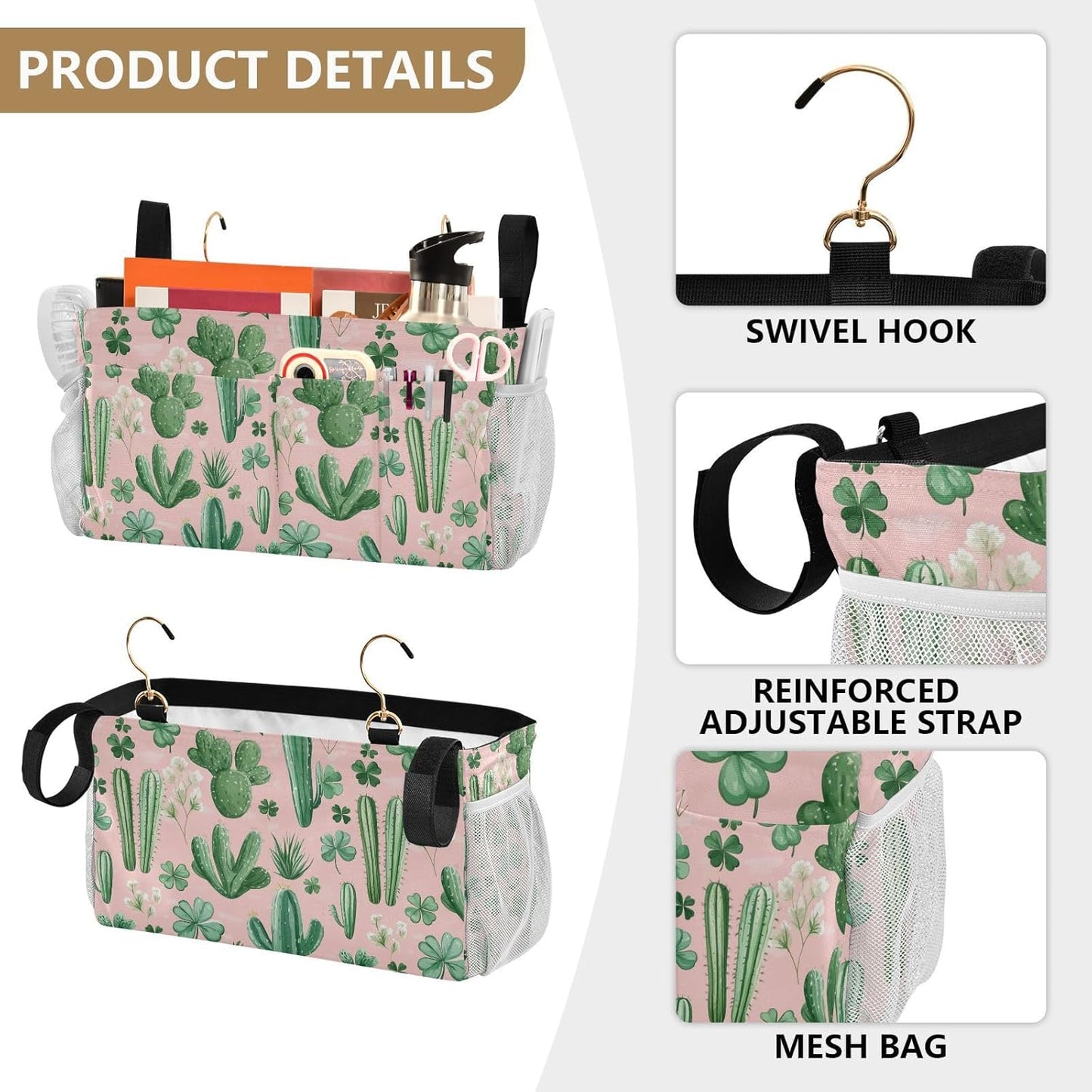 Floral Pink Cacti and Clovers Bedside Caddy for Dorm Bed Bedside Hanging Caddy Bag Iron Frame Storage Organizer Pocket for Bunk Home College Hospital Beds 2 Hooks