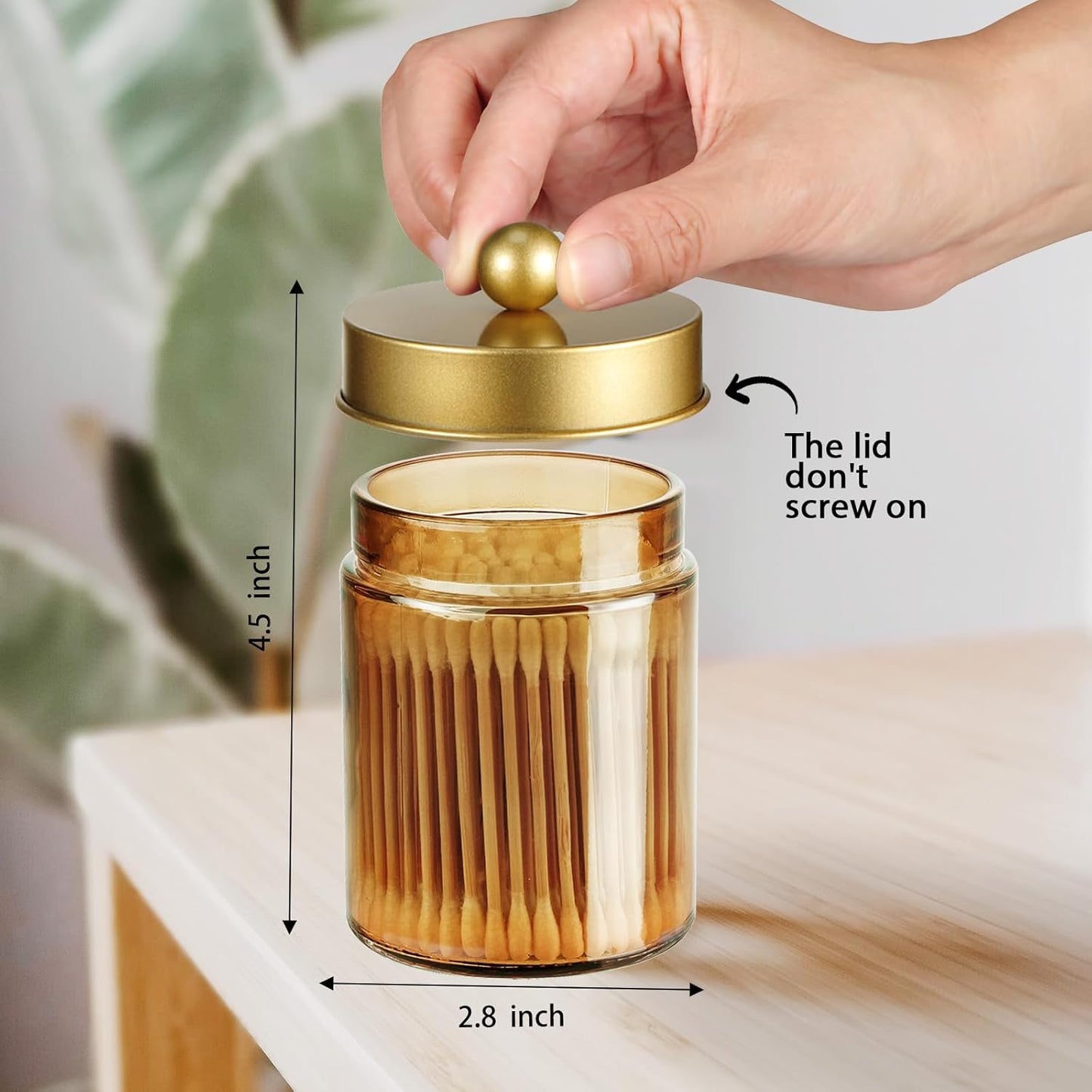 Amolliar Bronze Glass Apothecary Jar, Qtip Holder Metal Lid & Stickers, Bathroom Qtip Dispenser Storage Canister, Perfect for Cotton Balls, Cotton Swabs, Makeup Pads, Bath Salt, Floss, 4 Pack (Gold)