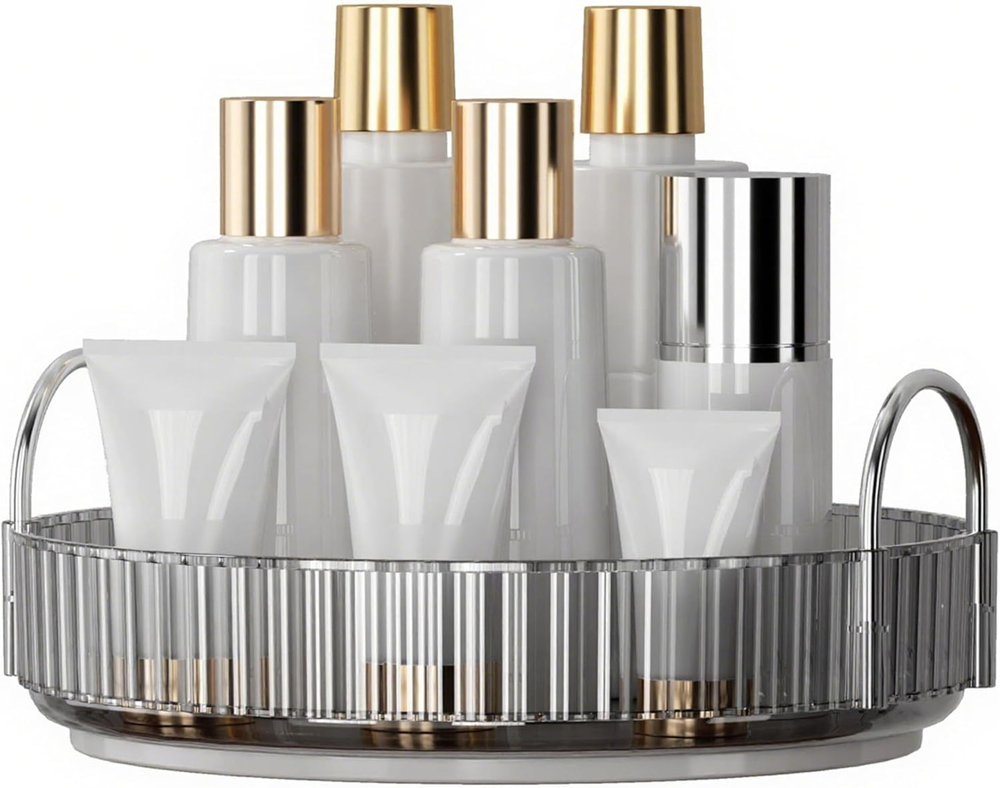 YCIA&DONE 360 Rotating Makeup Organizer and Storage for Vanity Countertop 1 Tier, High Capacity Cosmetic Skincare Perfume Organizers for Dresser Bathroom Fridge Lazy Susan (Smoky Gray)