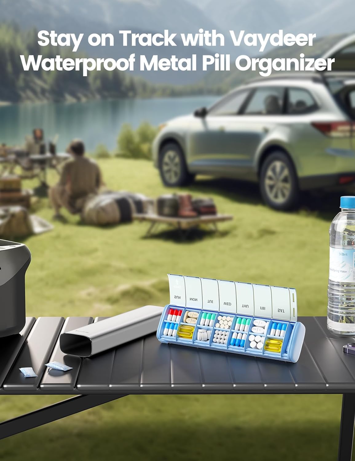VAYDEER Metal Weekly Pill Organizer – Moisture-Proof Travel Pill Organizer with Built-in Desiccant Chamber and Airtight Lids – Large-Capacity Pill Box for Vitamins, Medicines & Supplements(Silver)