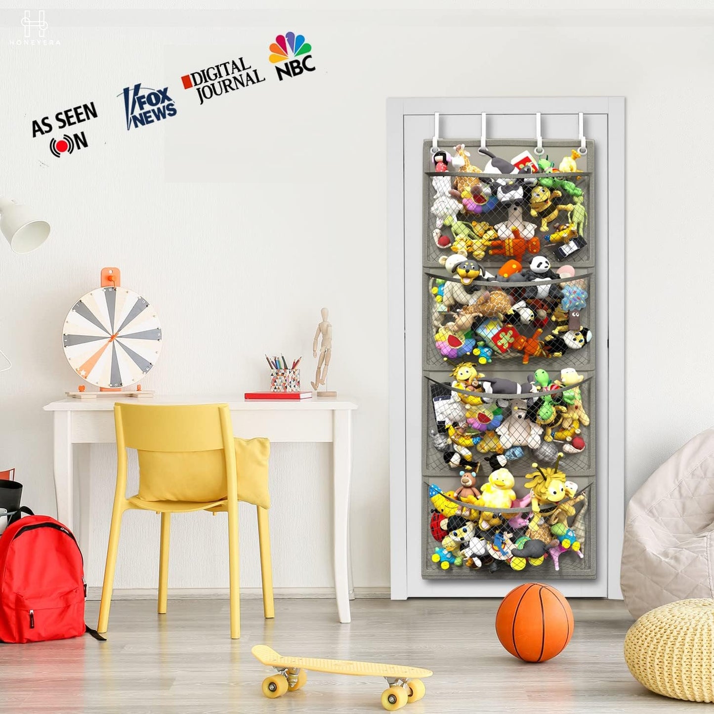 Honeyera Storage for Stuffed Animal - Over Door Organizer for Stuffies, Baby Accessories, and Toy Plush/Easy Installation with Breathable Hanging Pockets (Gray)