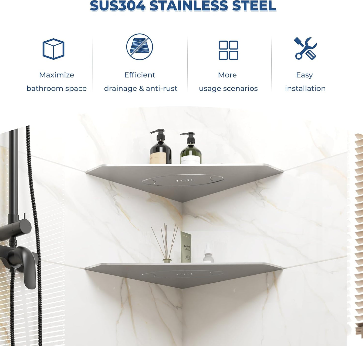 FerdY 2-Pack 10" Brushed Nickel Recessed Corner Shower Shelf, for Tiled Bathroom Walls, Floating Shelf, 304 Stainless Steel Shower Caddy Storage Shelves, No Drilling Required, Rugby Diamond