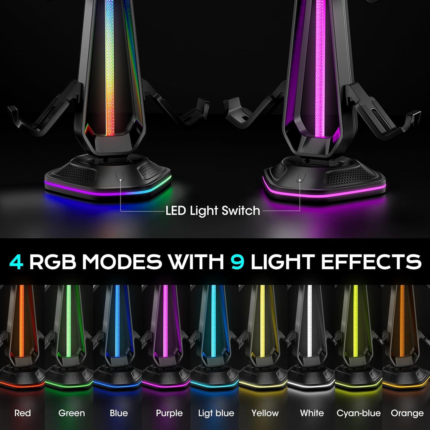Saitake RGB Controller Holder with 9 Light Modes,Controller Stand with 2 USB Ports,Headset Stand for Desk-Headphone Holder Suitable for All Headphones and Controllers
