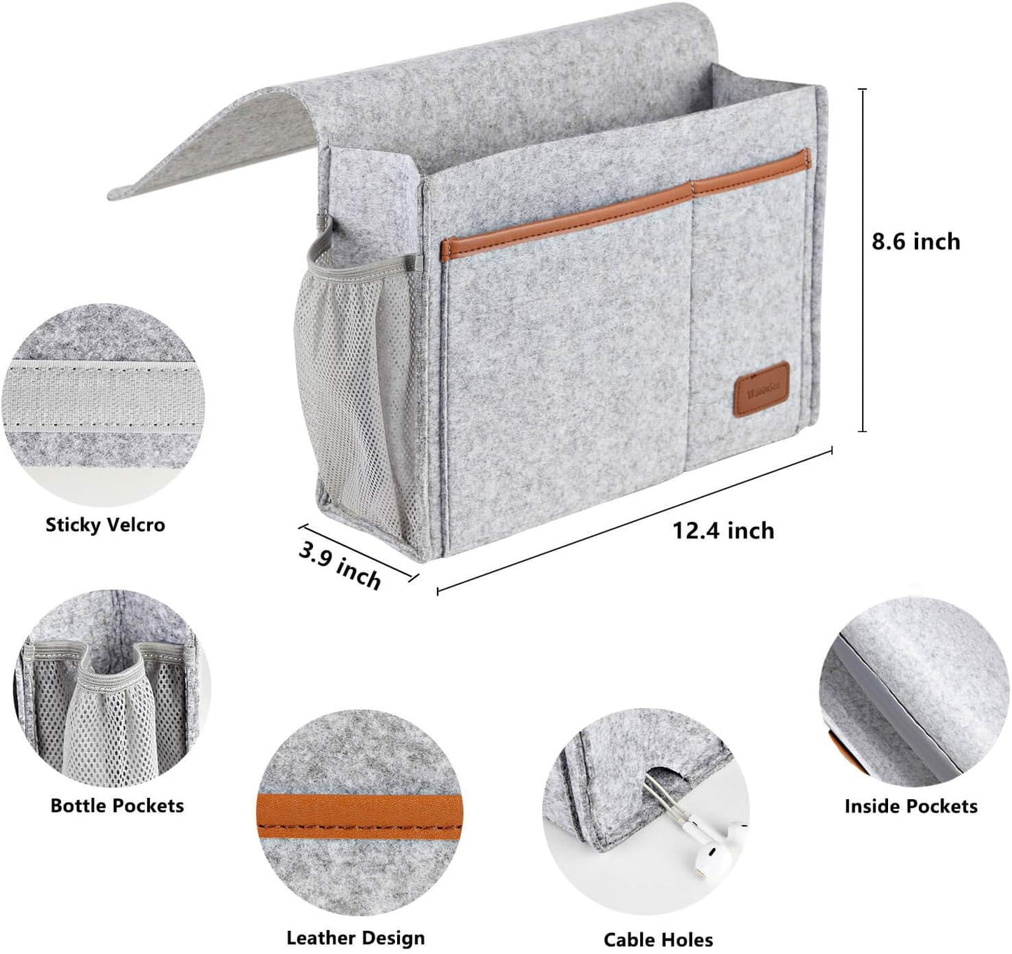Bedside Caddy, Felt Bed Storage Organizer Hanging Bag Holder with 5 Pockets, Magazine Book Phone Tablet iPad Cables Remote and Water Bottle Holder for Home Dorm Bed Sofa, Light Gray