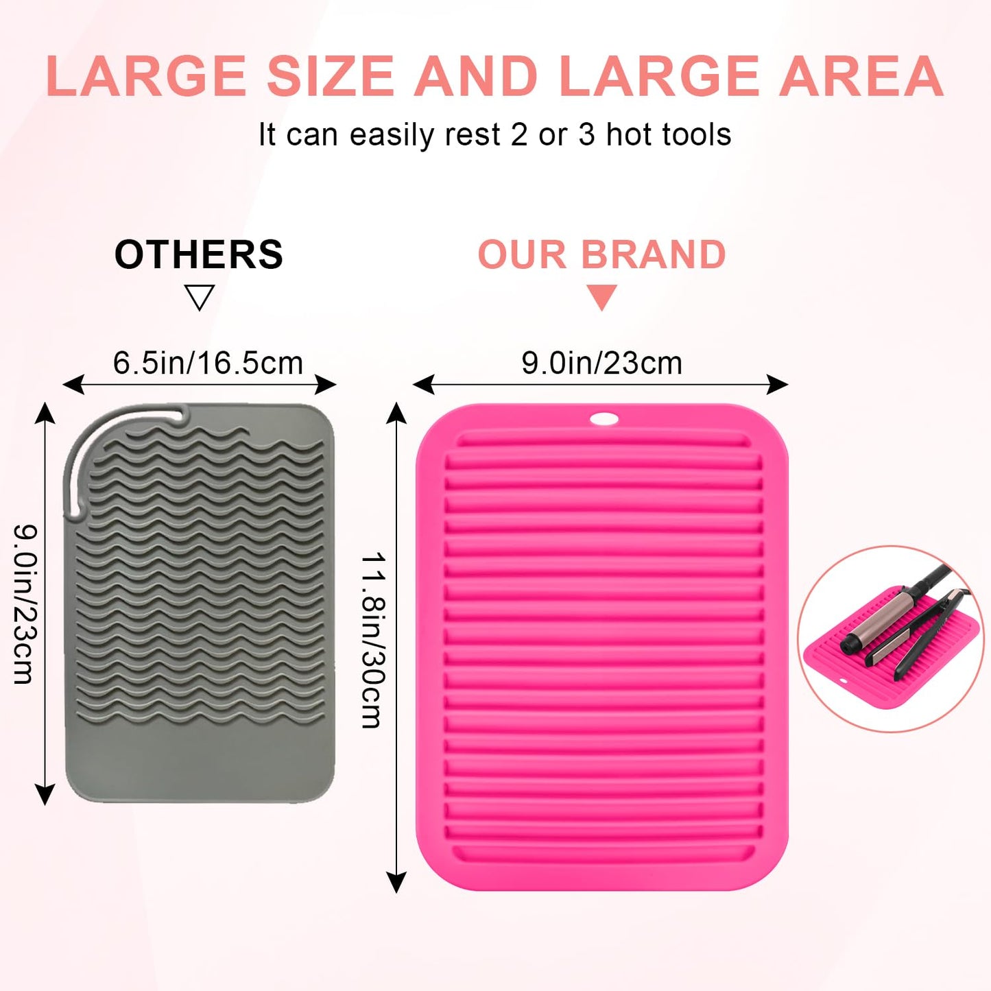 Large Silicone Heat Resistant Mat, Professional Hot Hair Tools Mat for Curling Iron, Flat Iron, Hair Straightener, Portable Hot Pad Cover with Velcro for Travel Home Salon(11.8" x 9.0")