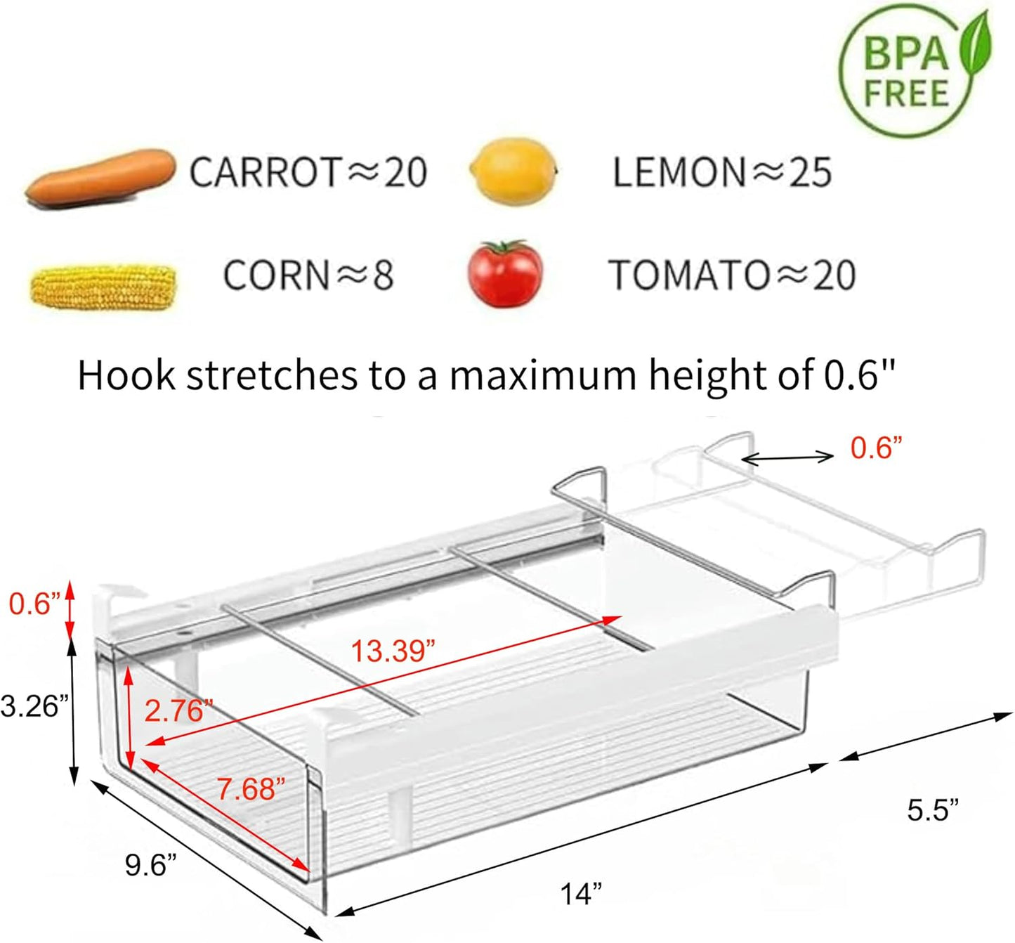 vacane Refrigerator Organizer Drawer,Plastic Fridge Drawer With Handle Pull Out Fridge Bins Organizer, Extra-Long Stretch 19.5",Cheese, Deli Meat, Drinks, Fruit, Vegetable