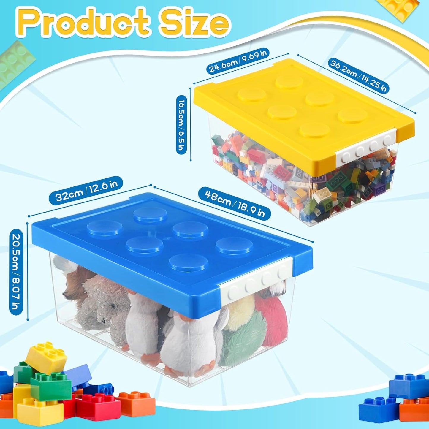 Vicenpal 4 Pack Toy Storage Containers with Lids Brick Shaped Kids Toy Organizer Box Plastic Clear Stackable Bin Chest for Building Block Dolls(Large, X-Large,Red, Yellow, Blue, Green)