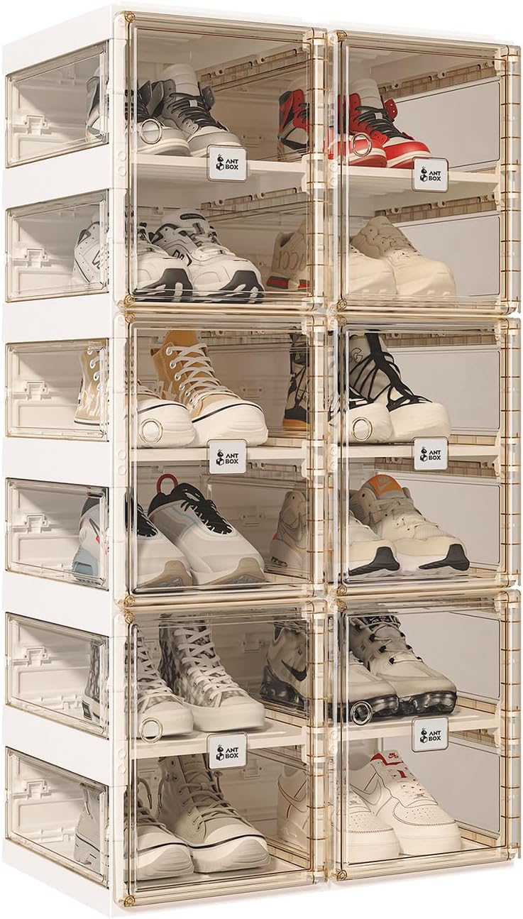 ANTBOX Foldable Shoe Rack,Shoe Organizers for Closet Plastic Shoe Storage Box For Entryway,Living Room,Large Sturdy Stackable Sneaker Cabinet Bins With Magnetic Clear Door 6 Tiers 12 Pairs